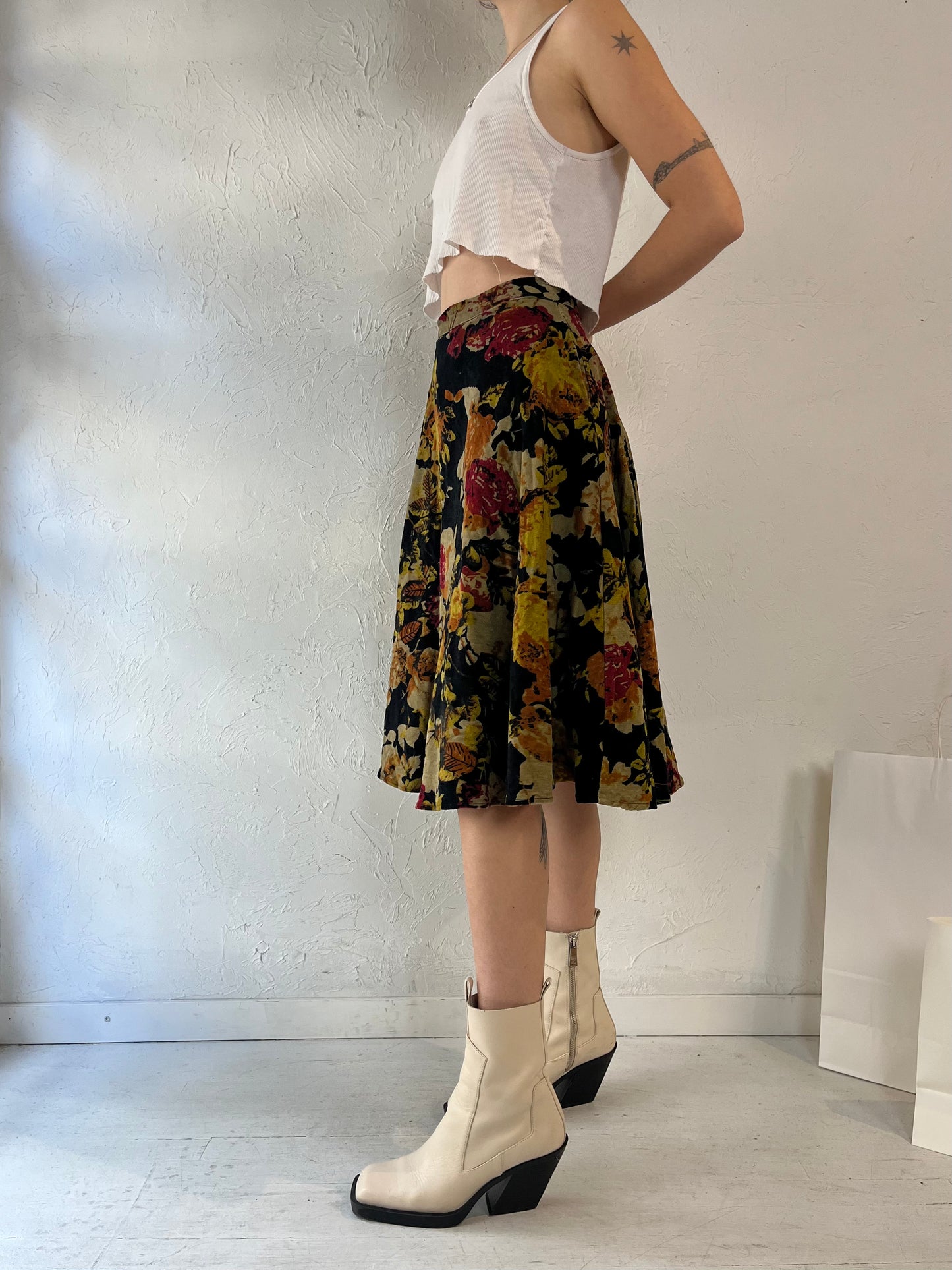 Y2k 'Tatyana' Floral Thick Cotton Velvet Midi Skirt / XS