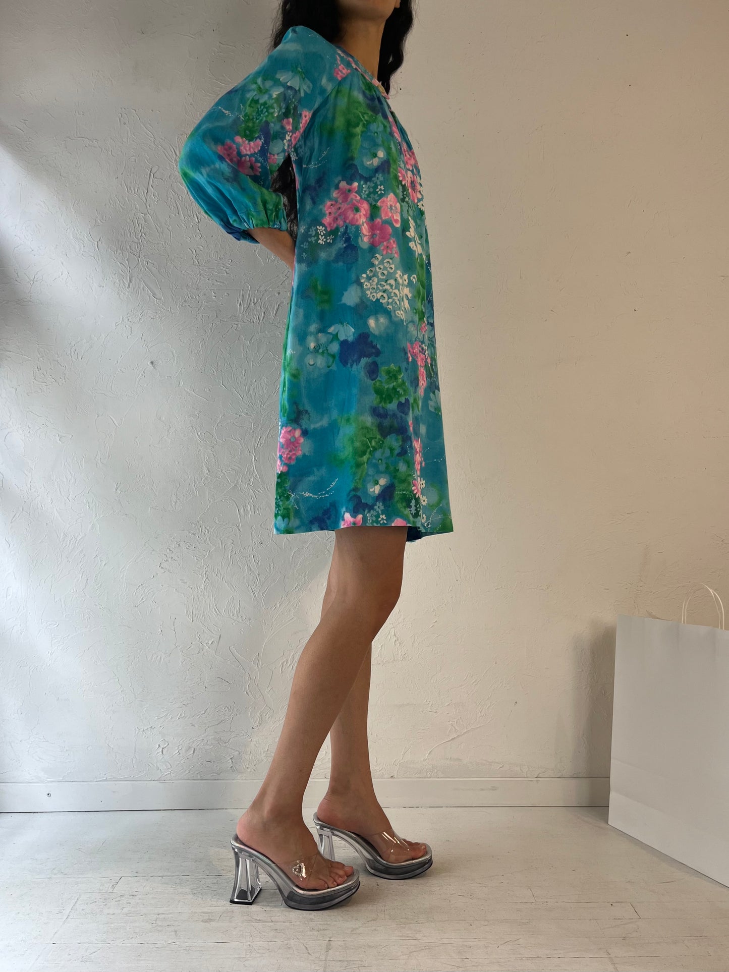 70s Handmade Blue Floral Shift Dress / Small