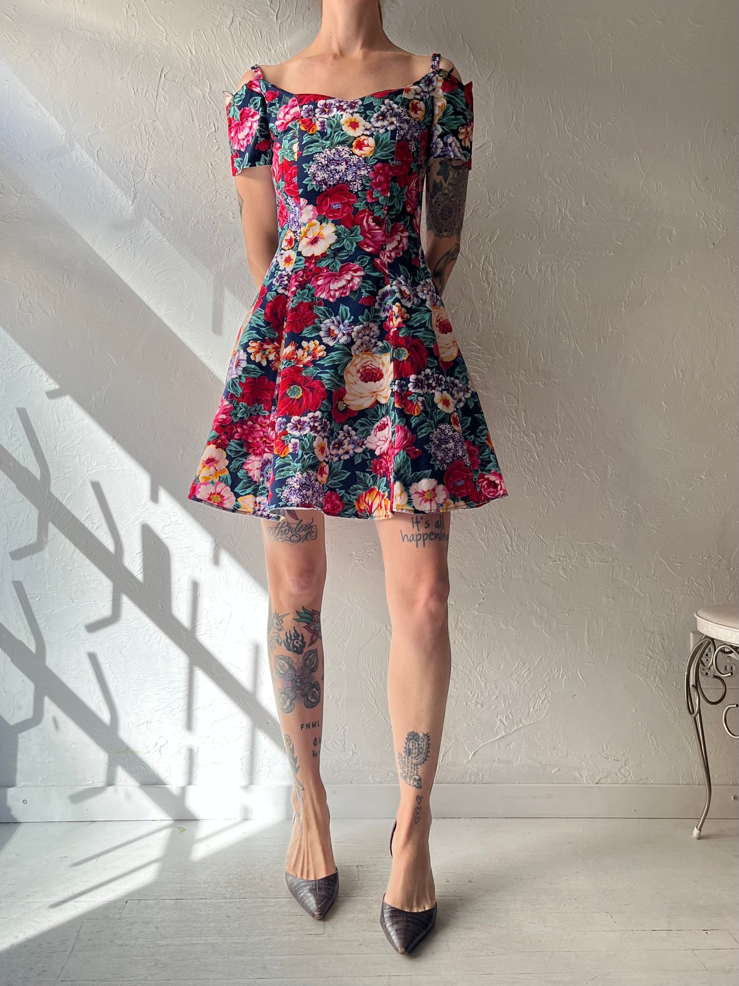 80s 'Damatix' Floral Cotton Mini Dress / Small
