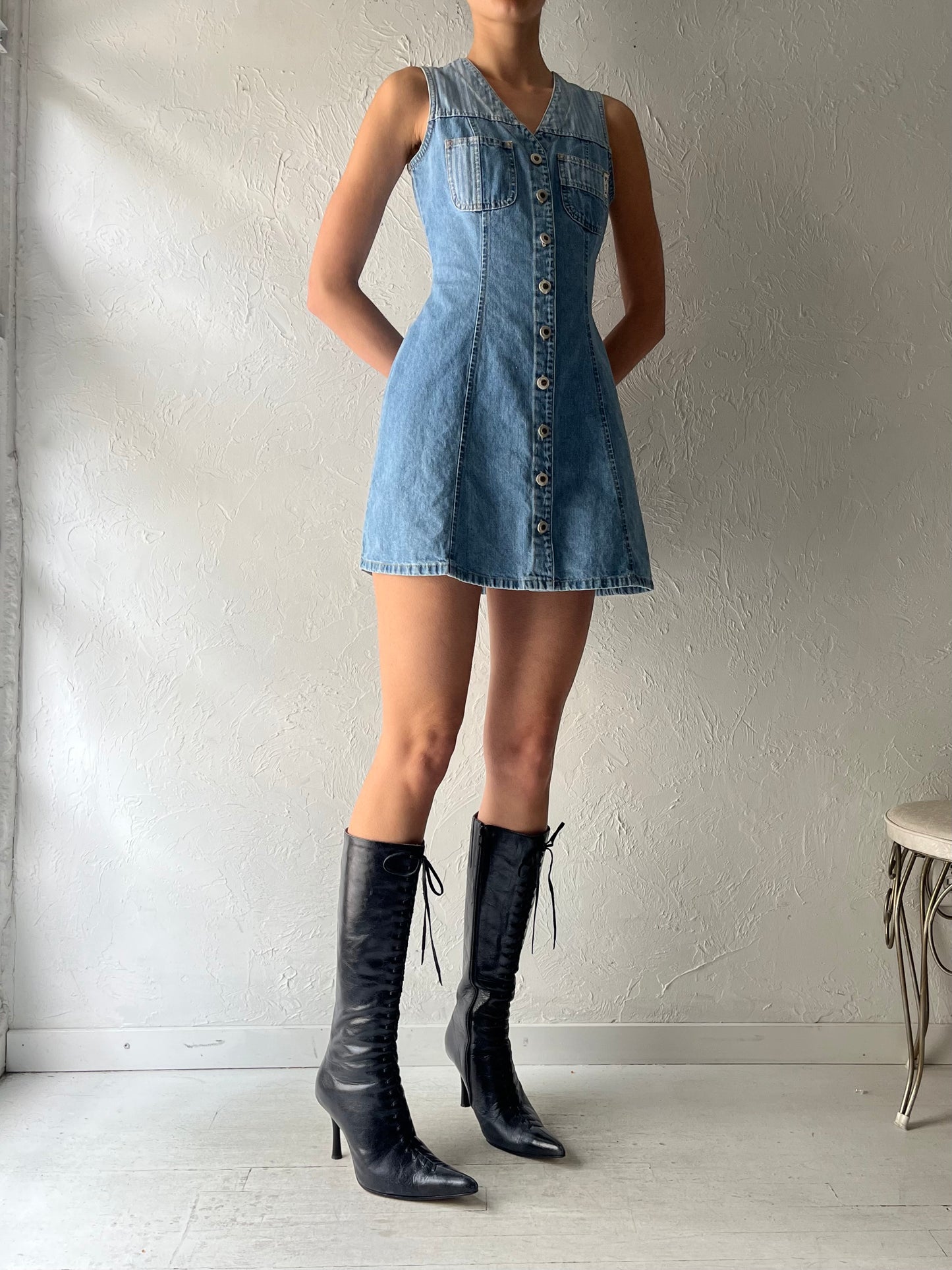 90s 'Nevada' Button Denim Western Mini Dress / Small