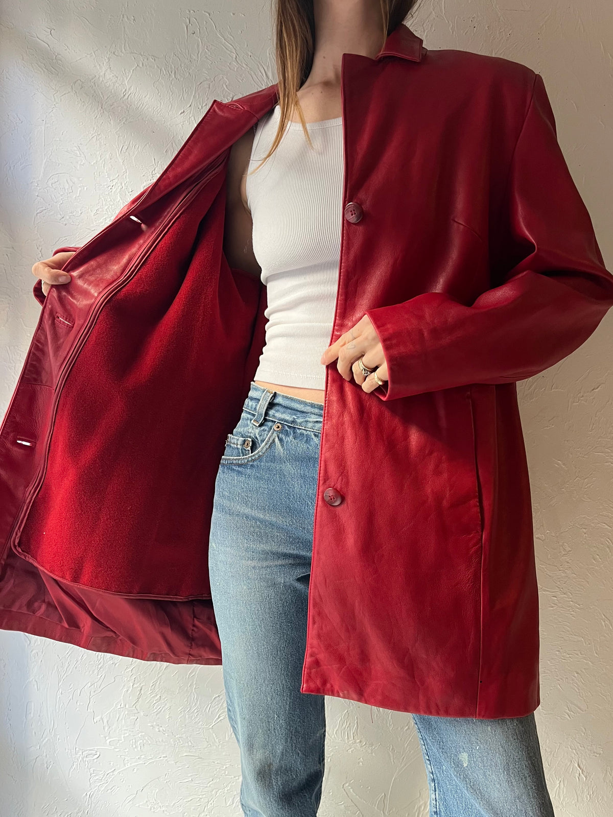 Y2k 'Danier' Red Leather Minimalist Retro Grunge Statement Jacket / Large