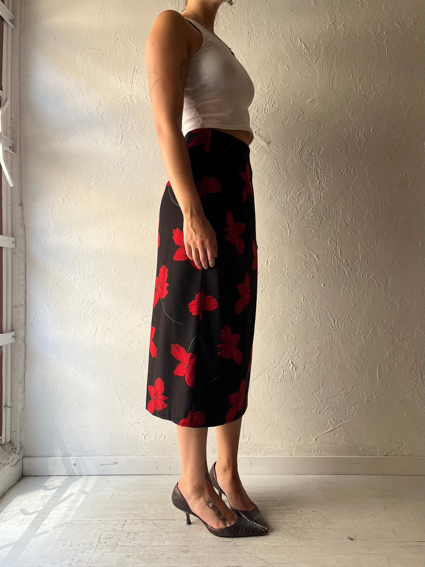 90s 'Briggs' Black Floral Minimalist Office Dark Academia Pencil Midi Skirt / Small
