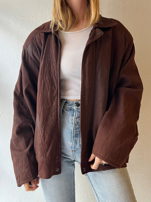 90s ‘Champs Elys’ Brown Suede Leather Bomber Jacket / Large