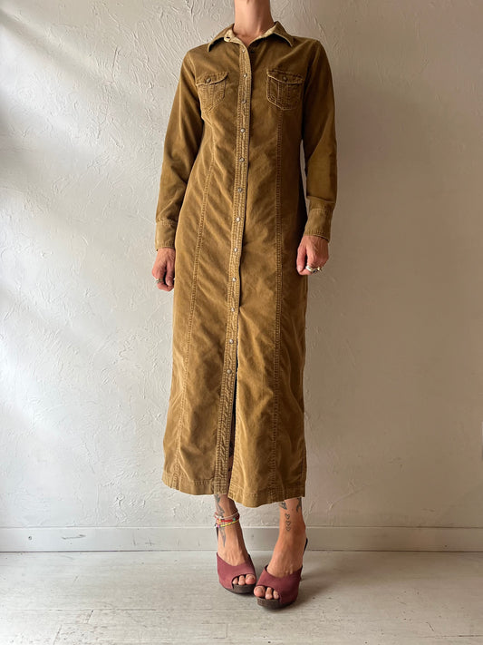 90s 'Eddie Bauer' Tan Corduroy  Western Cottagecore Fall Maxi Shirt Dress / Small