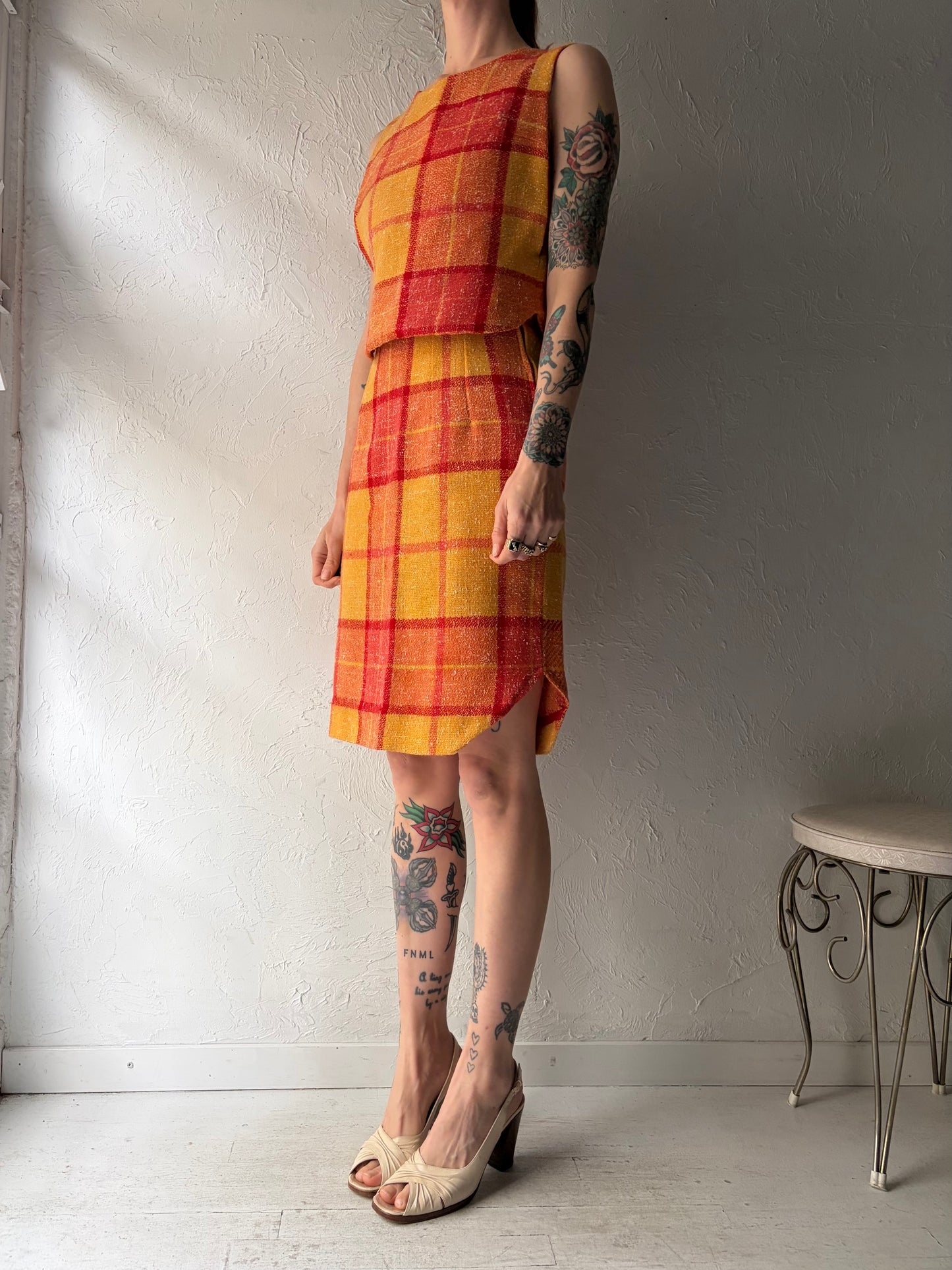 60s Handmade Plaid Skirt and Top Set / XS