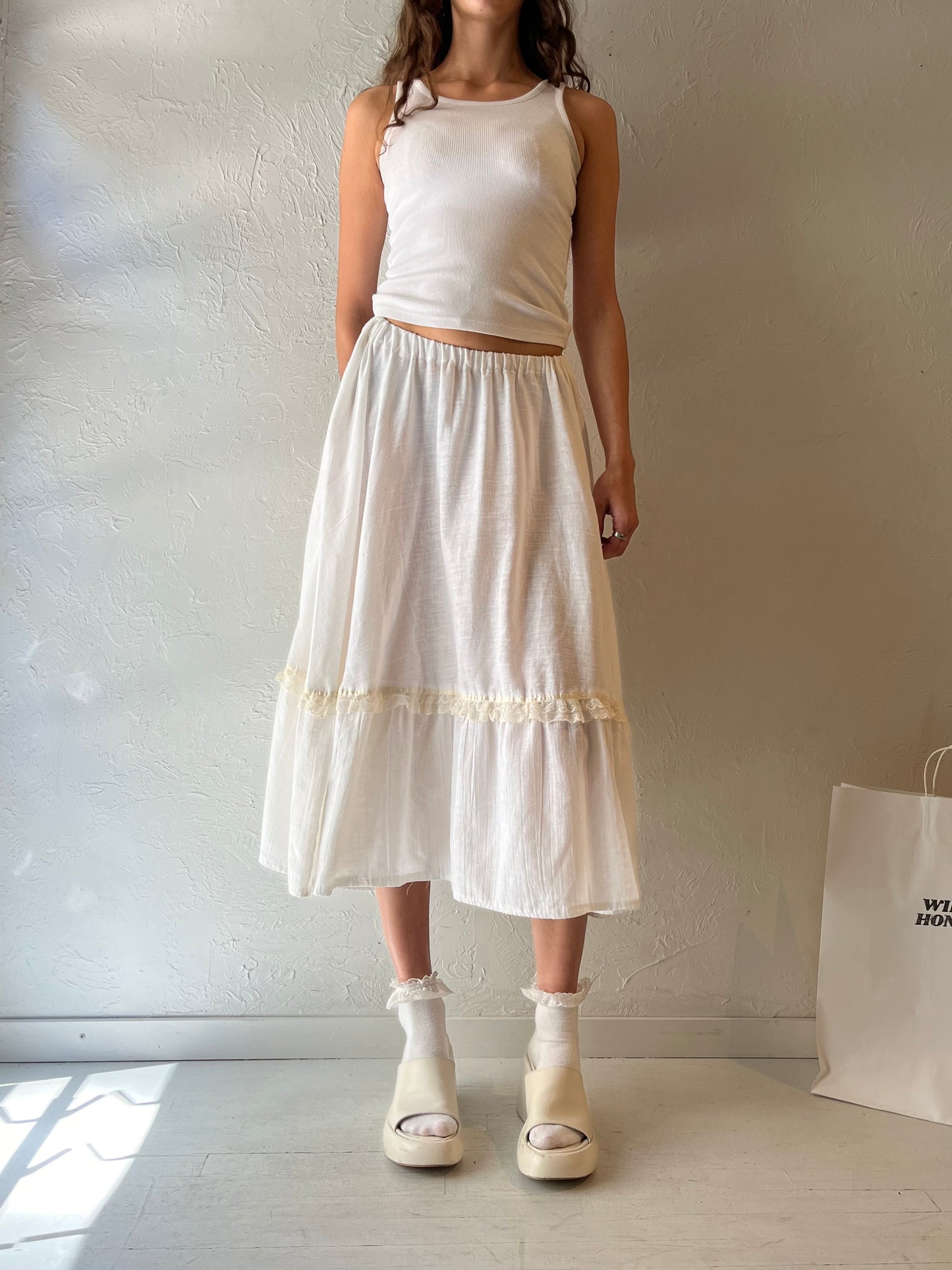 Vintage Handmade White Cotton Gauze Peasant Skirt / Small