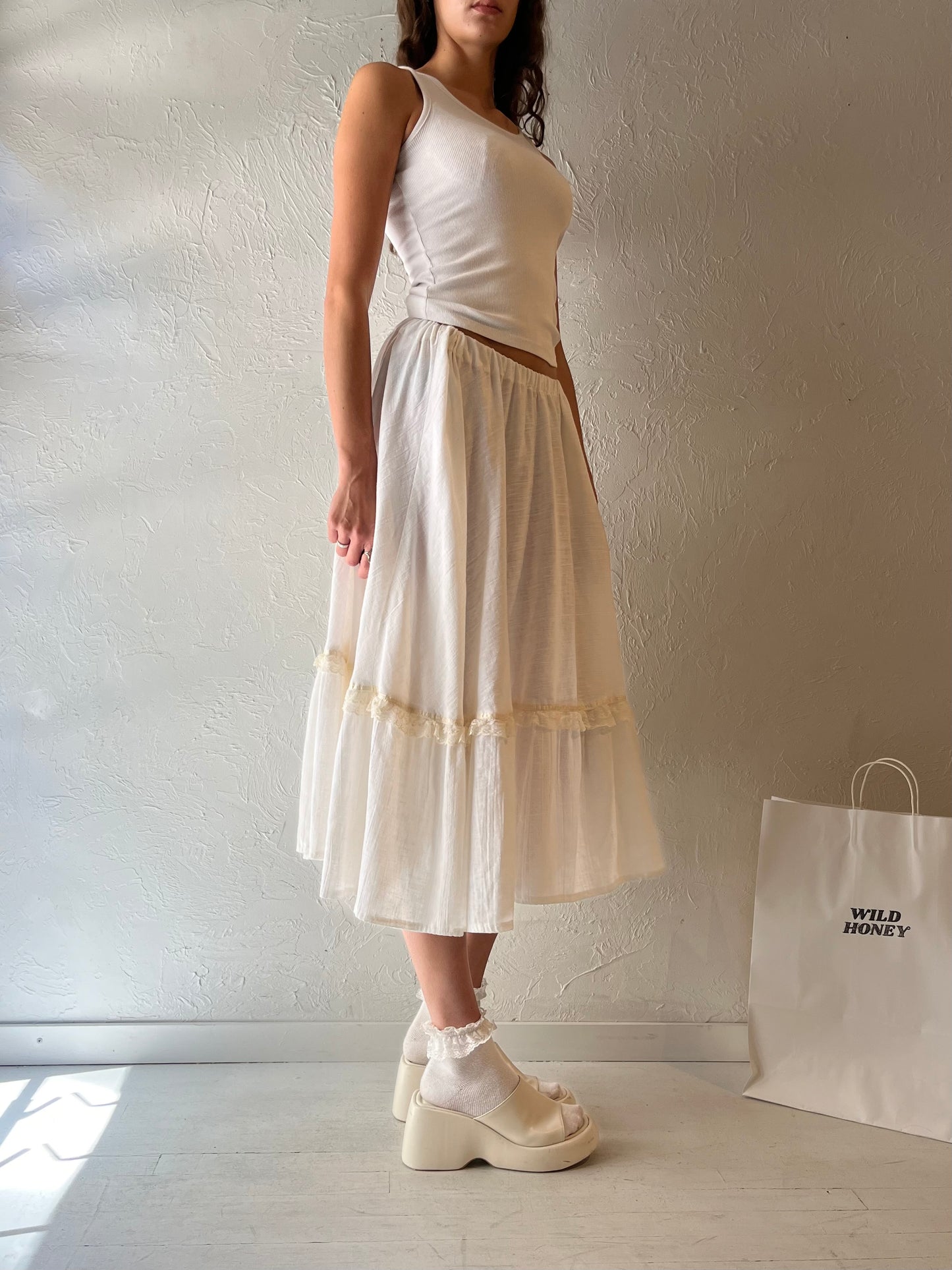 Vintage Handmade White Cotton Gauze Peasant Skirt / Small