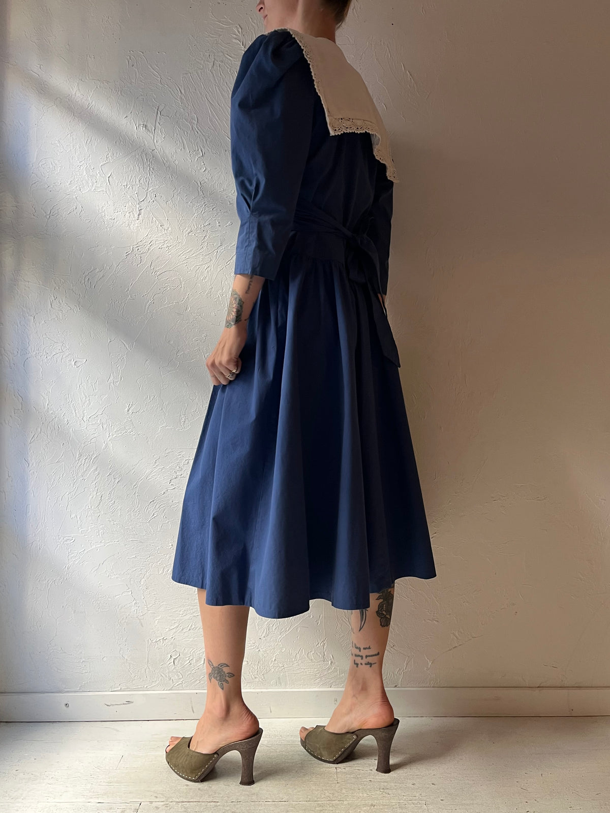 Vintage Handmade Blue Prairie Cottagecore Drop Waist Midi Dress / Small