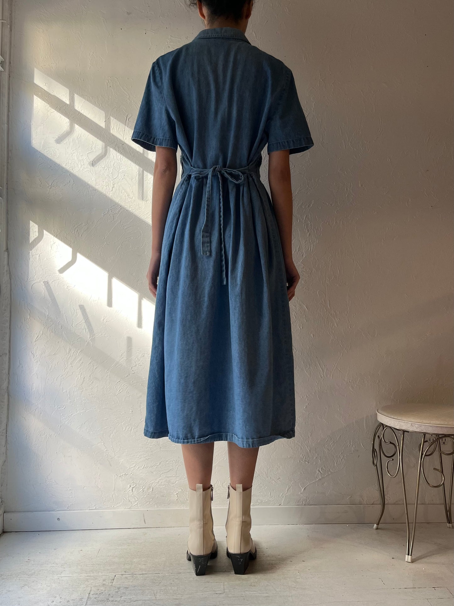 90s 'Traditions' Paisley Embroidered Denim Dress / Medium - Large