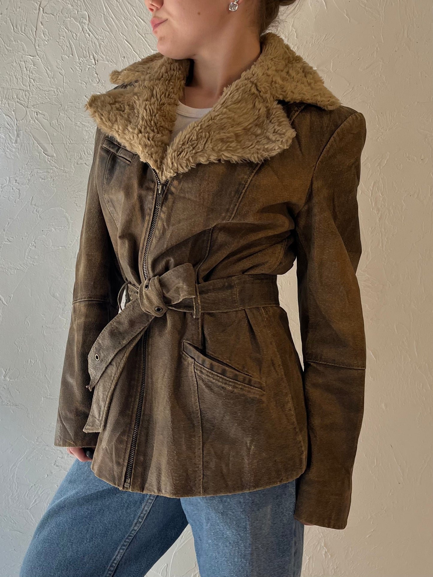 Y2k 'Winlit' Brown Leather Jacket with Faux Fur Trim / Small