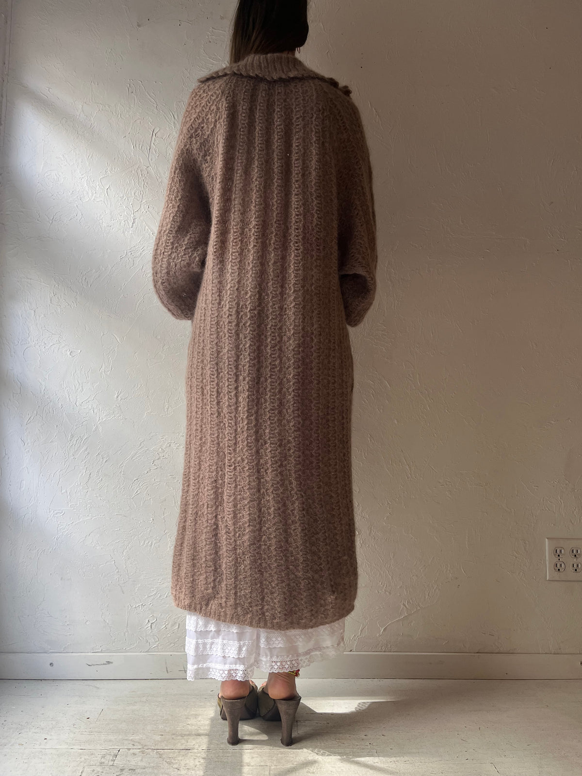 Vintage Taupe Mohair Knit Duster Cardigan Boho Cottagecore Maxi Sweater / Small - Medium