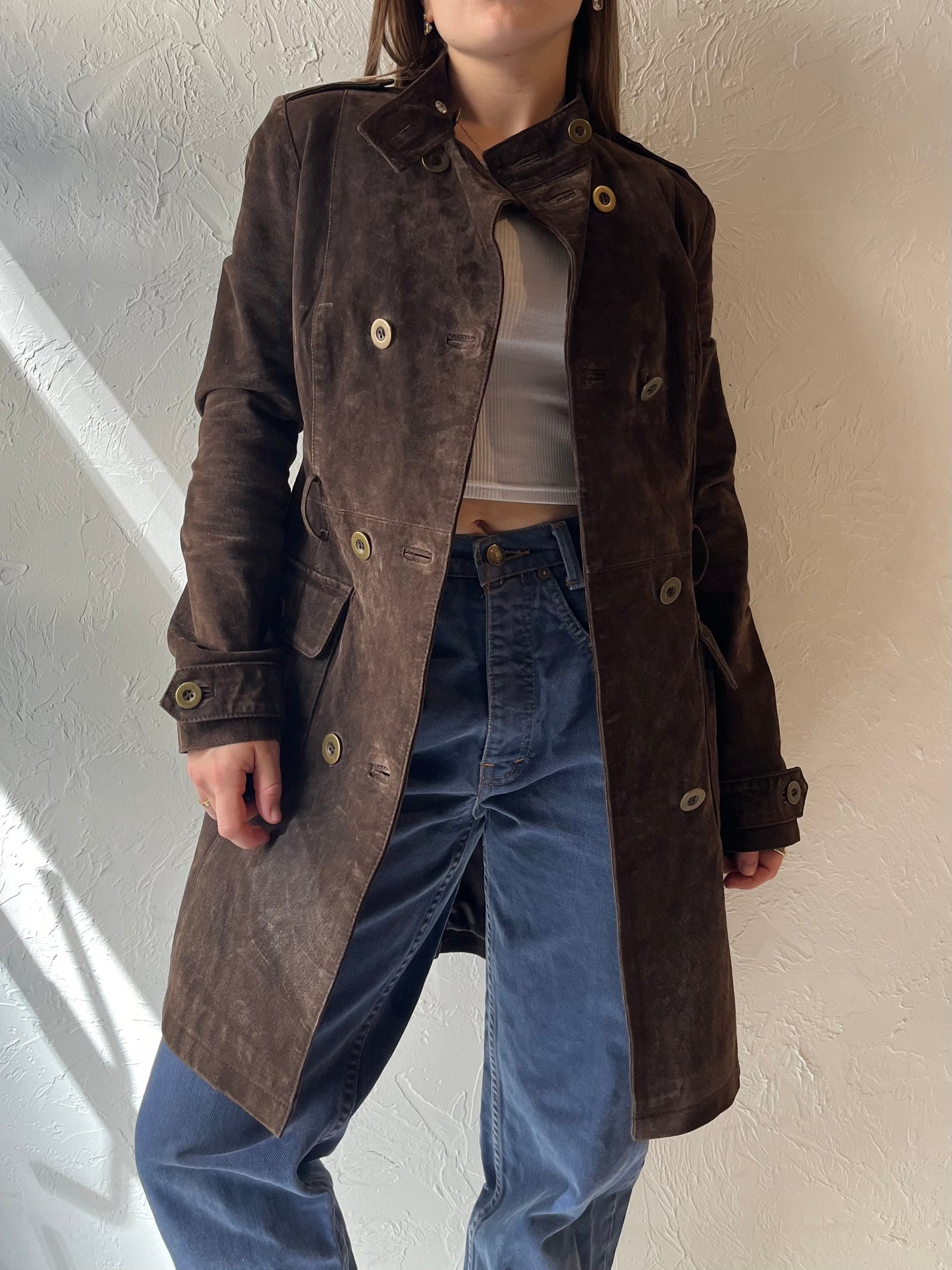 Y2k 'Le Chateau' Brown Suede Leather Coat / XXS