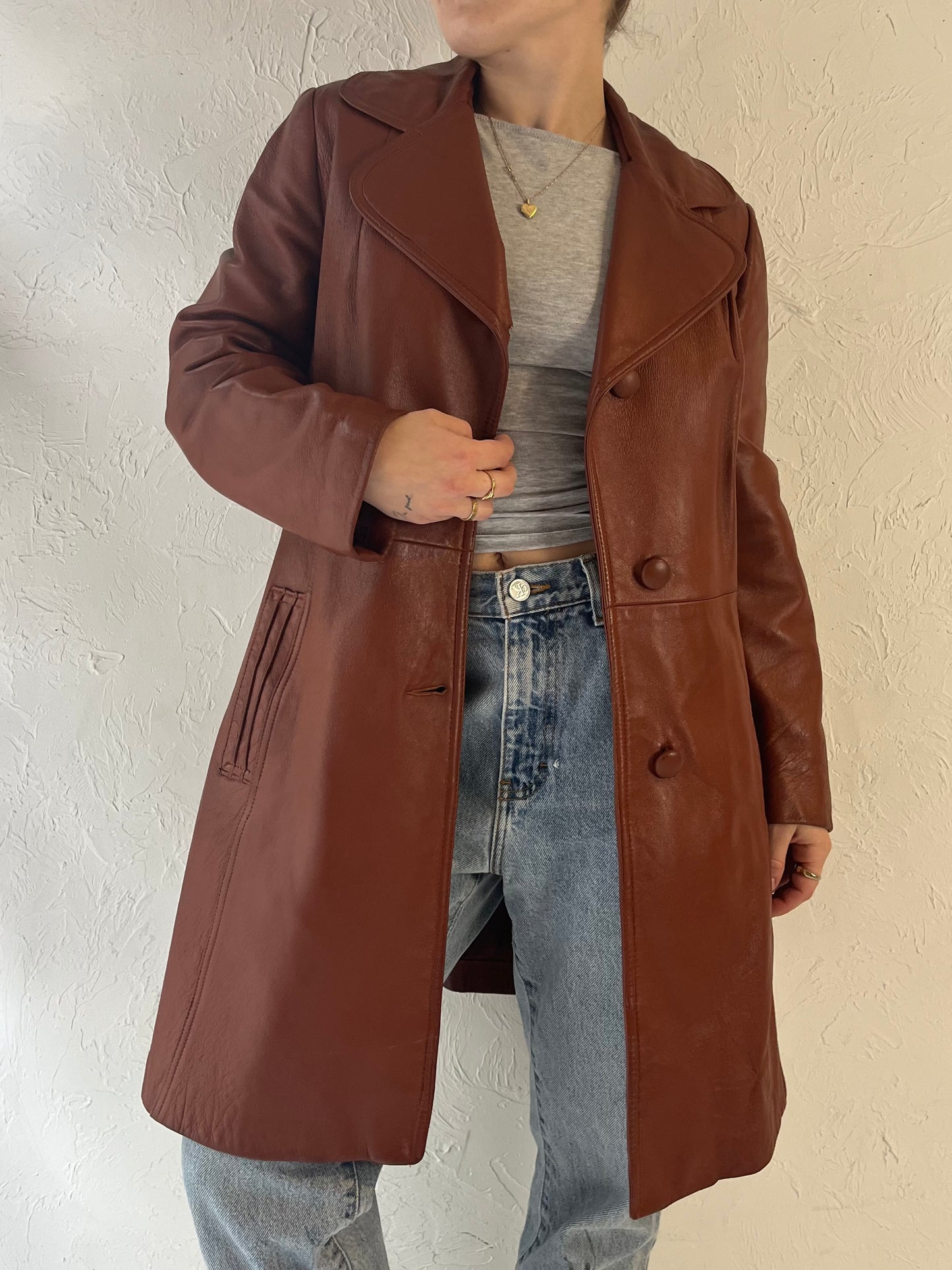 90s 'Trojan' Burgundy Leather Half Trench Jacket / Medium