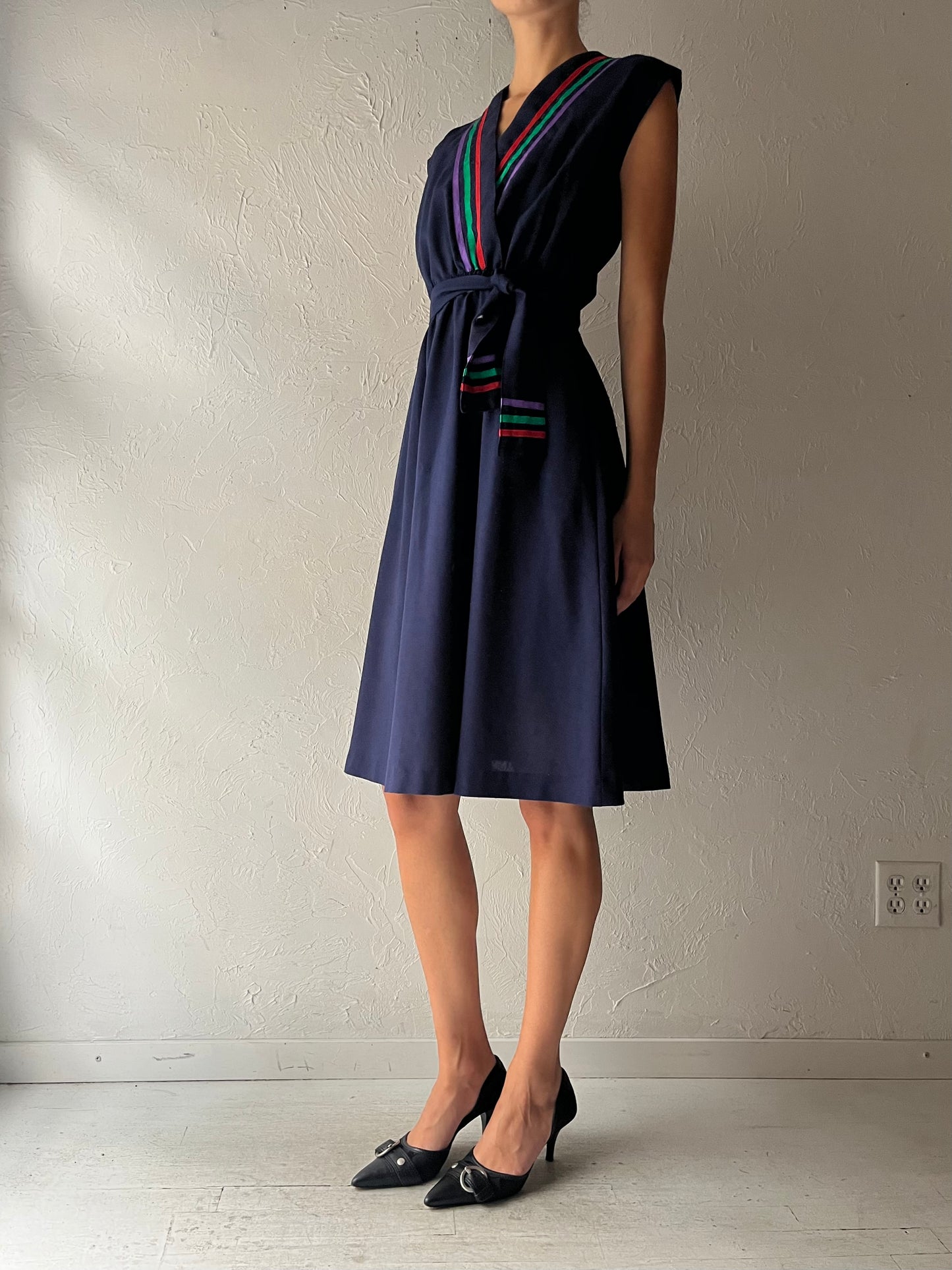 70s 'Mr Suli' Navy Blue V Neck Midi Dress / Small
