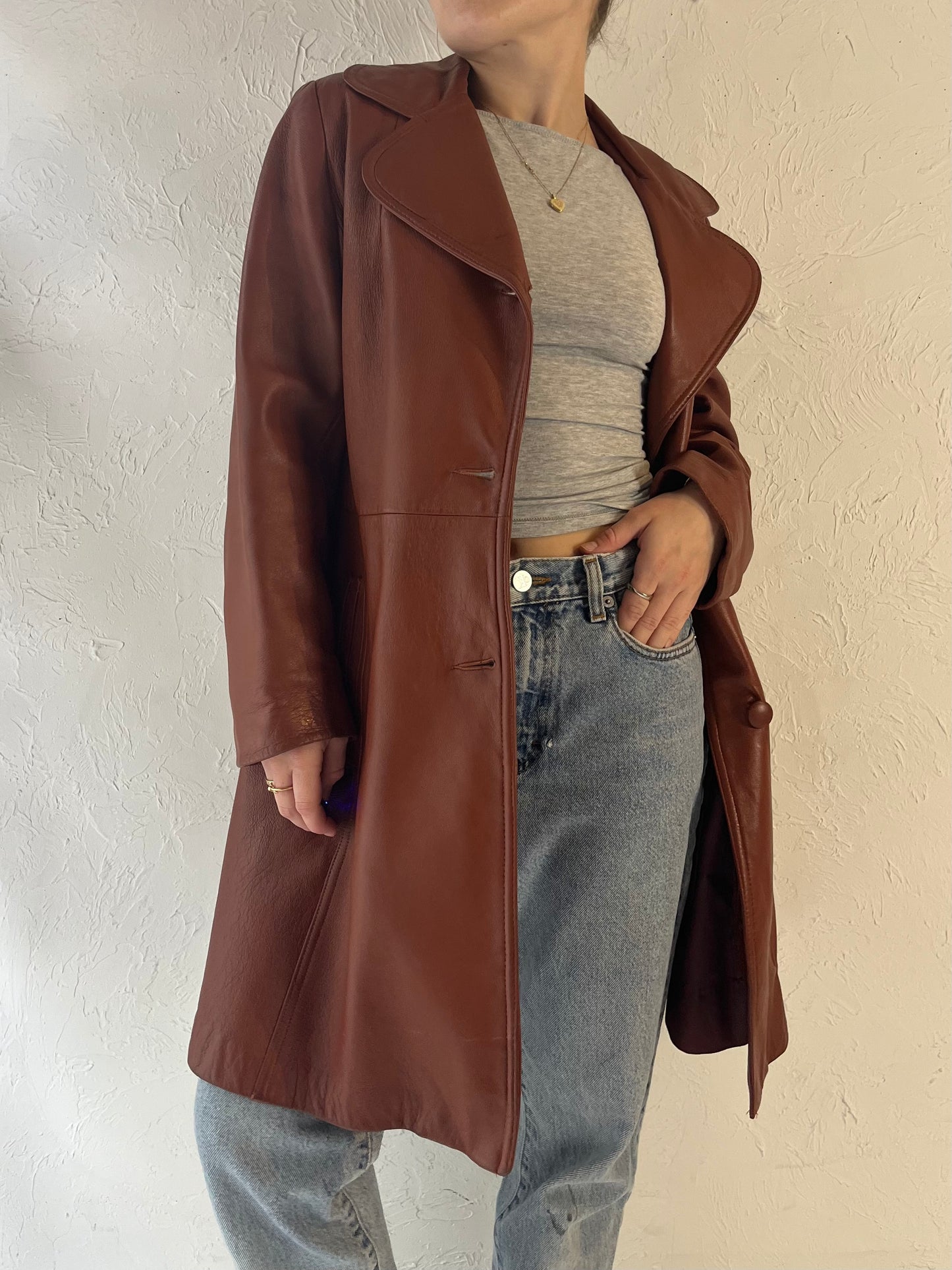 90s 'Trojan' Burgundy Leather Half Trench Jacket / Medium