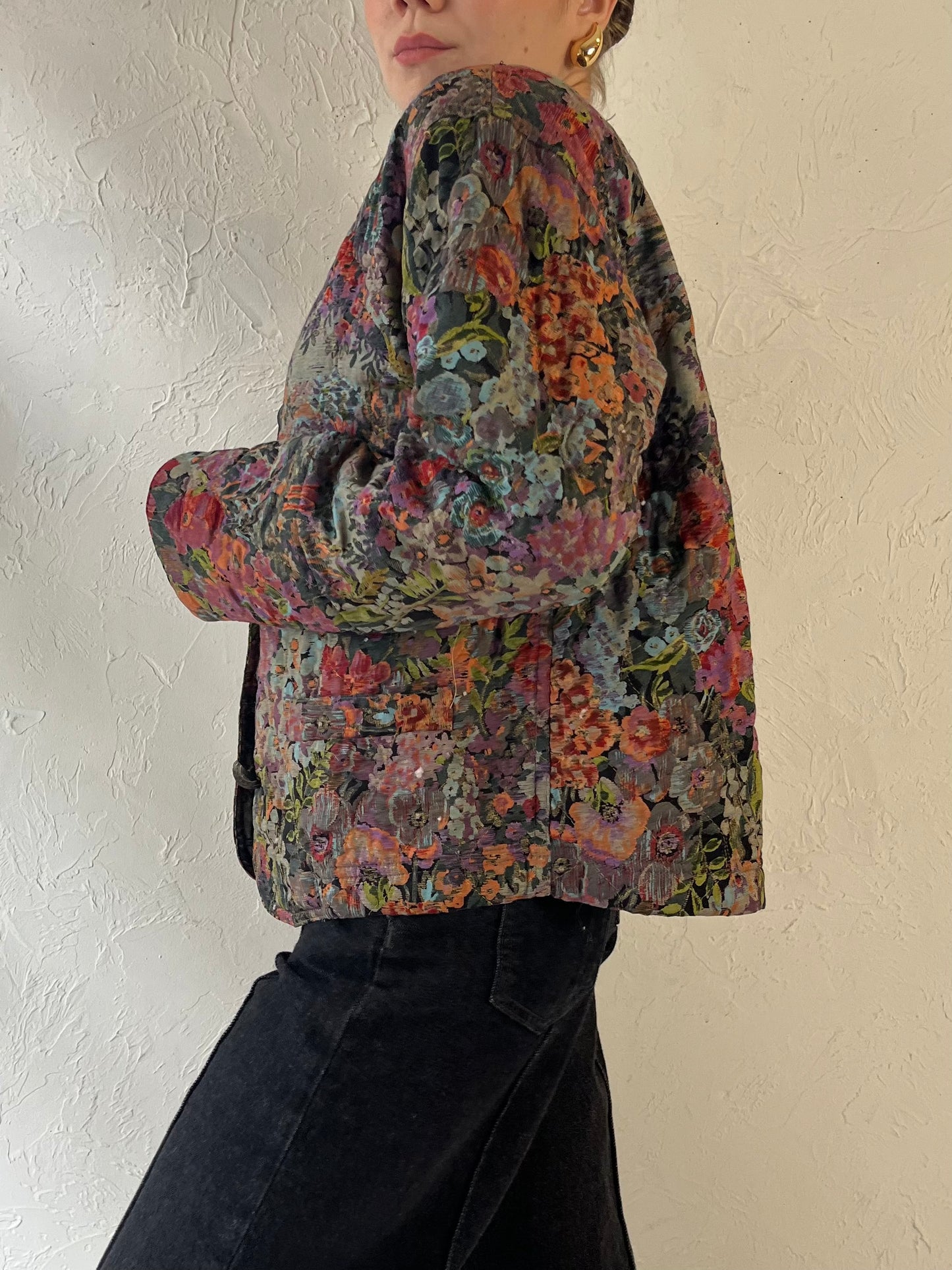 90s 'Carol Little' Quilted Floral Print Rayon Jacket / Medium