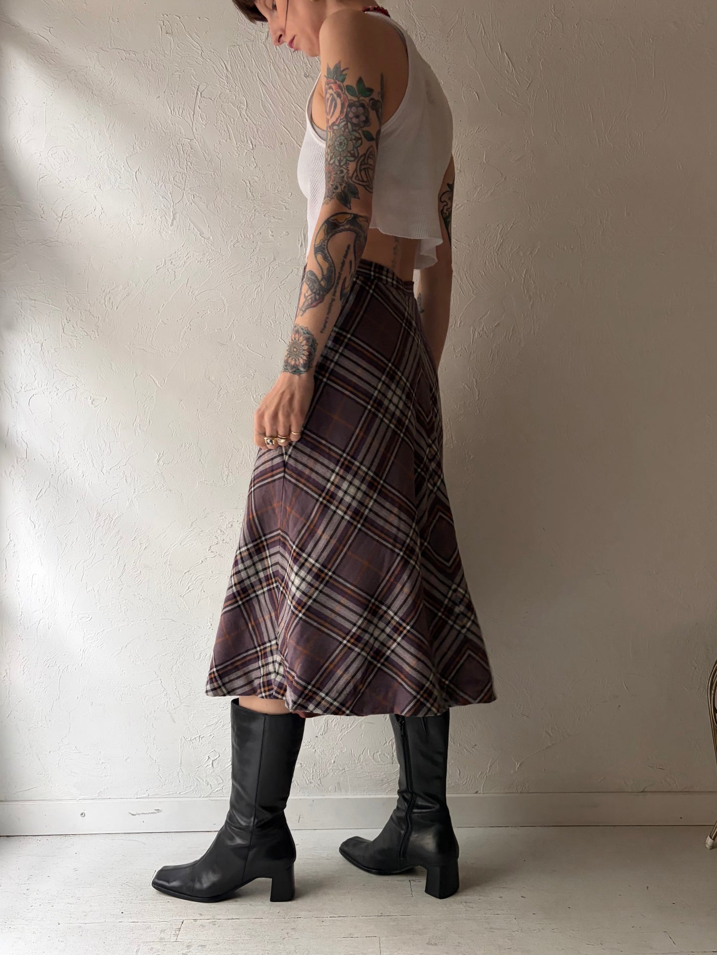 70s 'Aljean' Purple Plaid Wool Knit Winter Midi Skirt / Medium