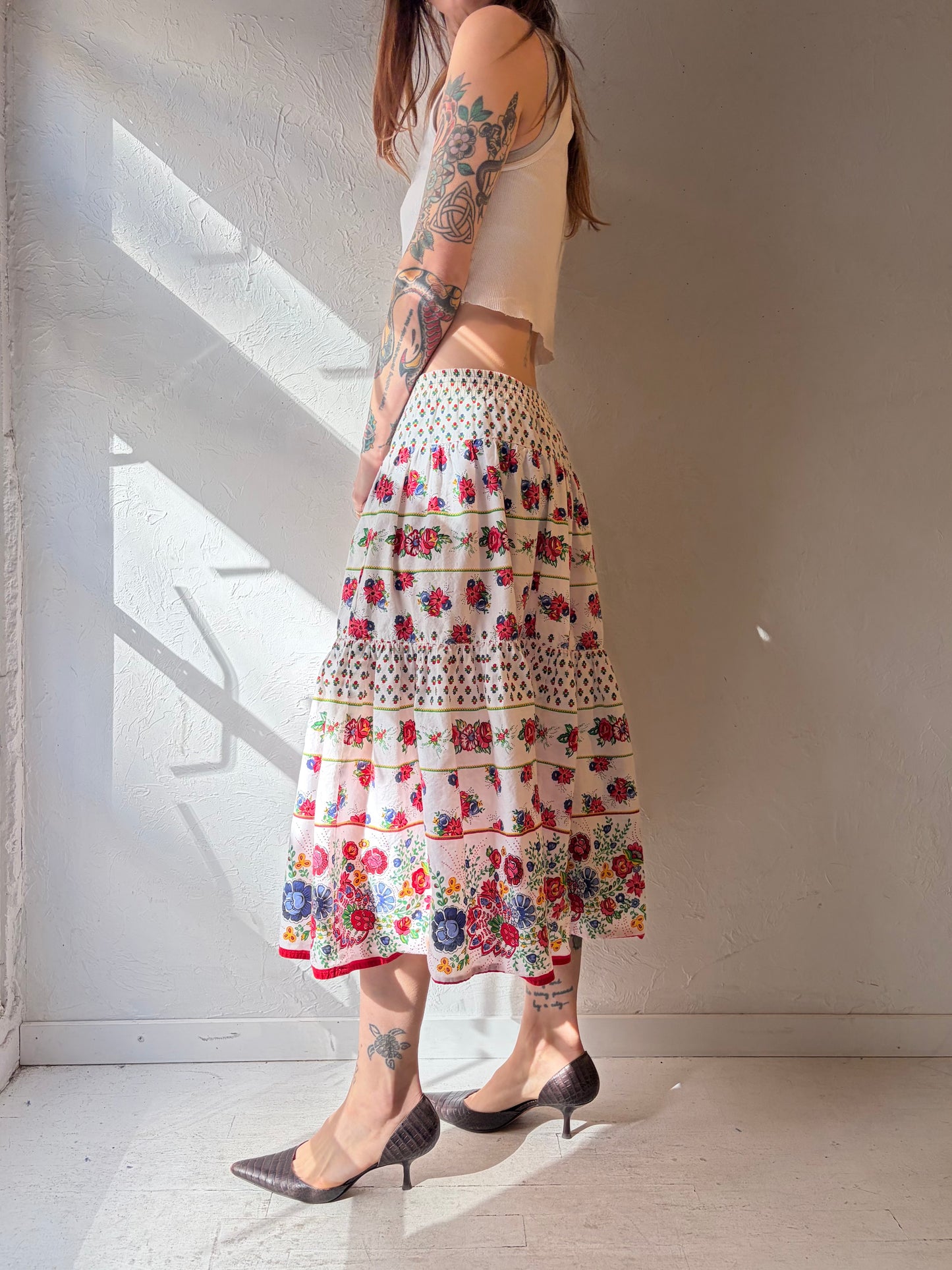 90s 'Liz Sport' Floral Cotton Teared Skirt / Medium
