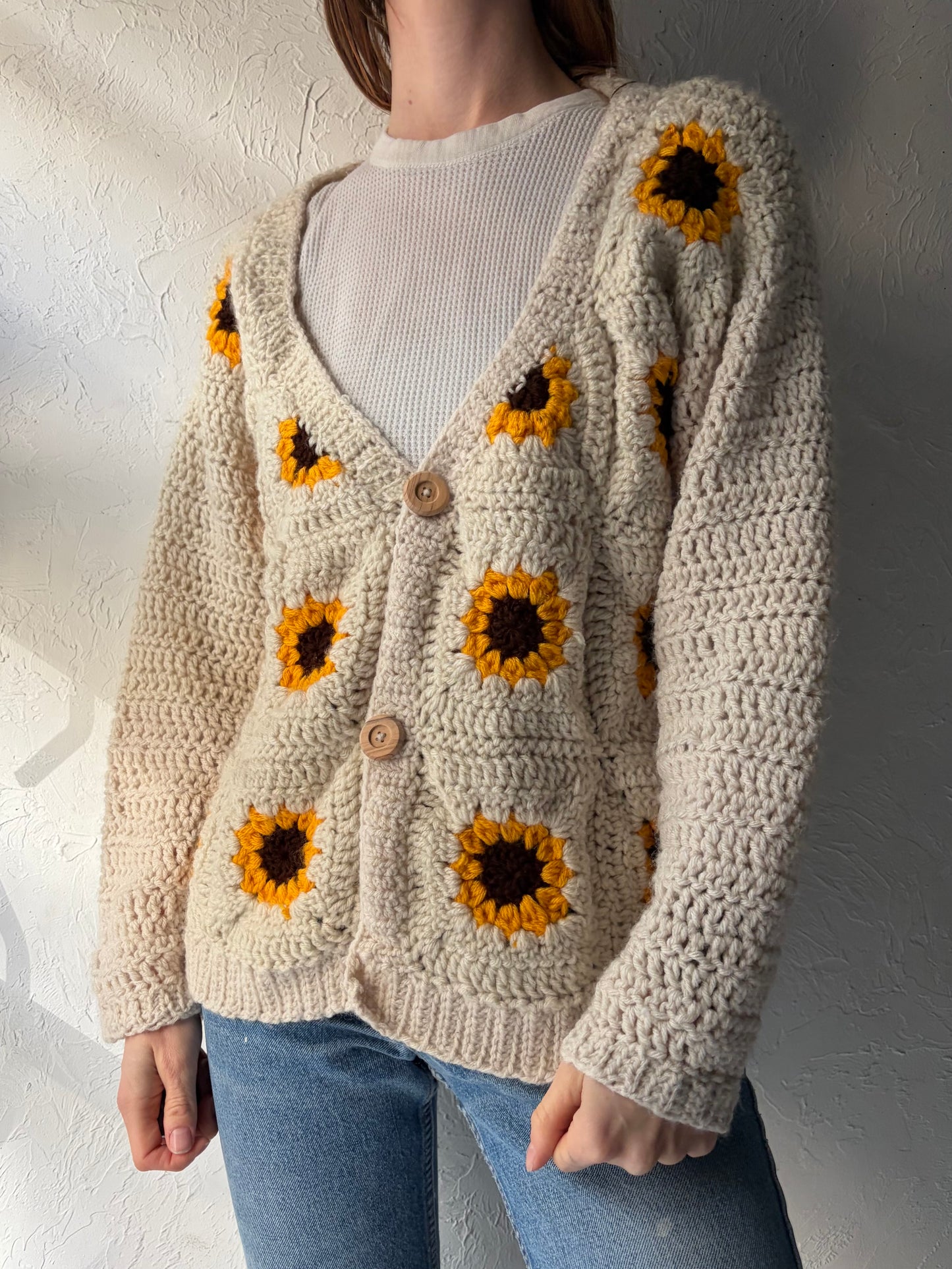 Vintage Crochet Sunflower Cardigan / Medium