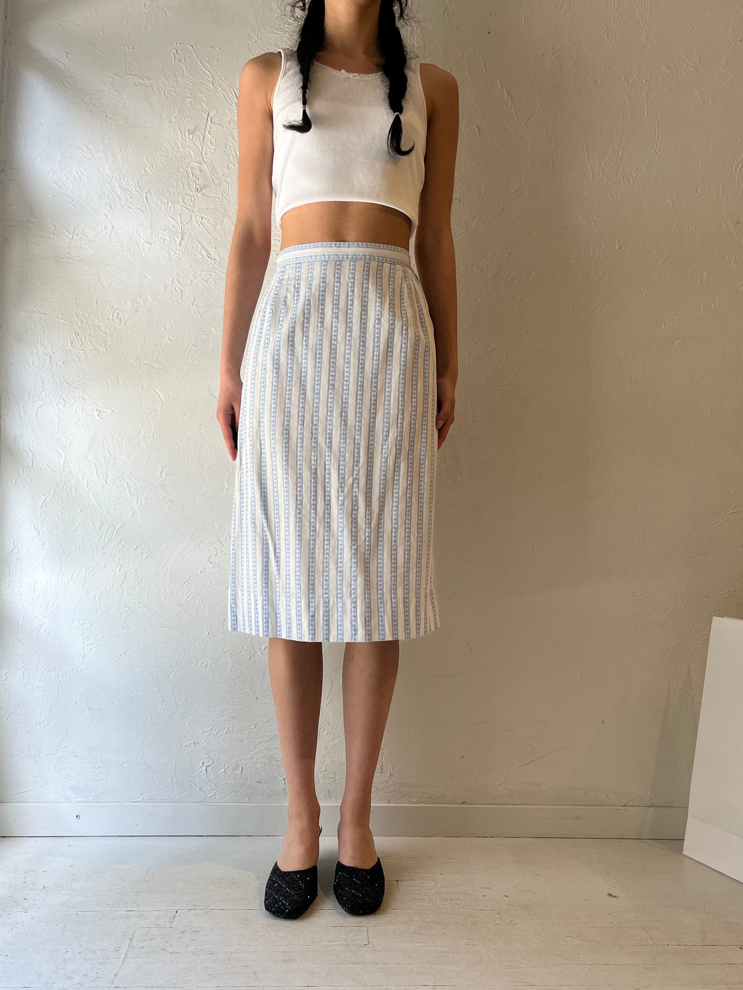 Vintage Handmade Baby Blue Striped Midi High Waisted Skirt / Small