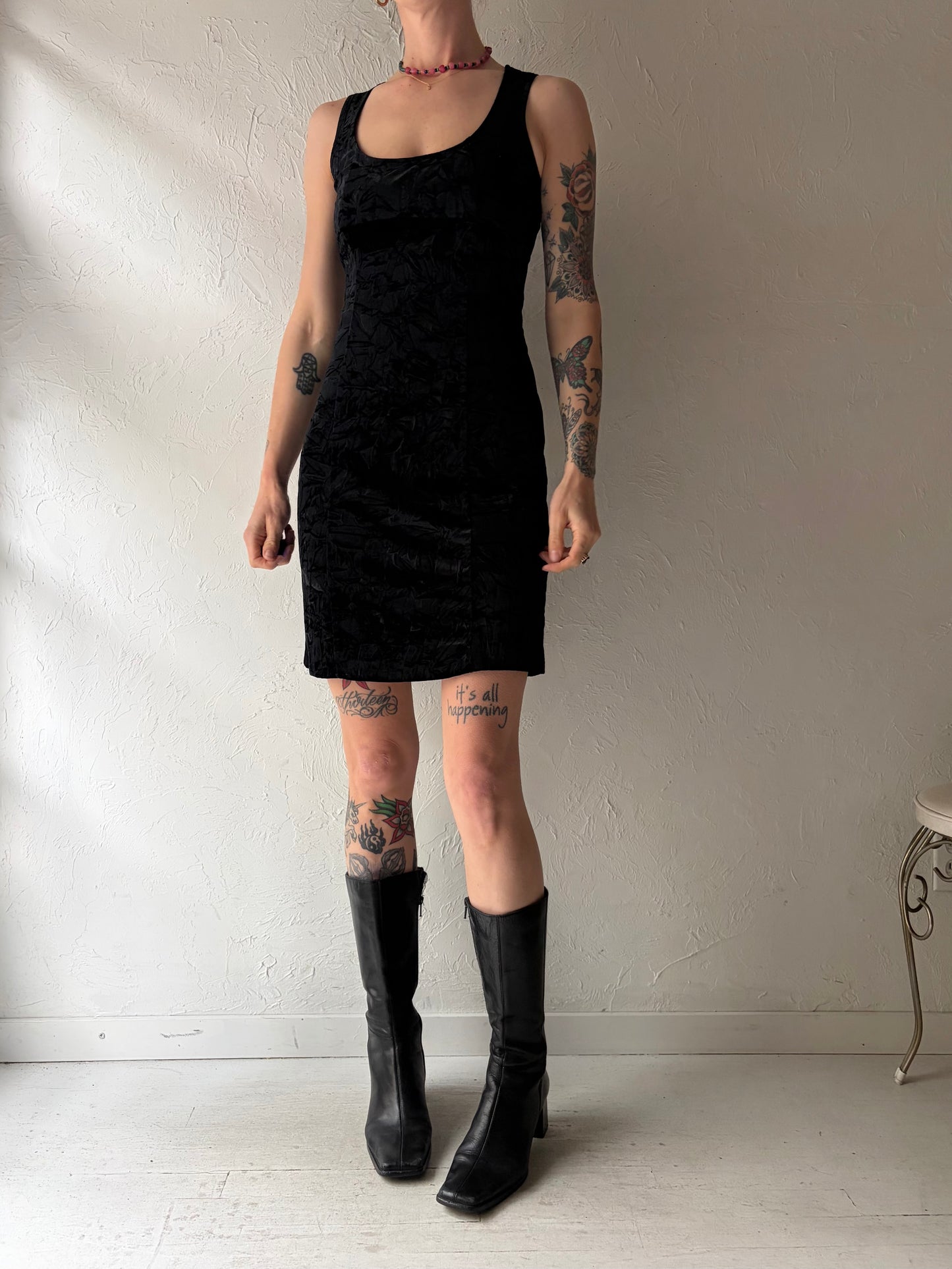 90s 'Esprit' Vintage Black Crushed Velvet Mini Dress / Small