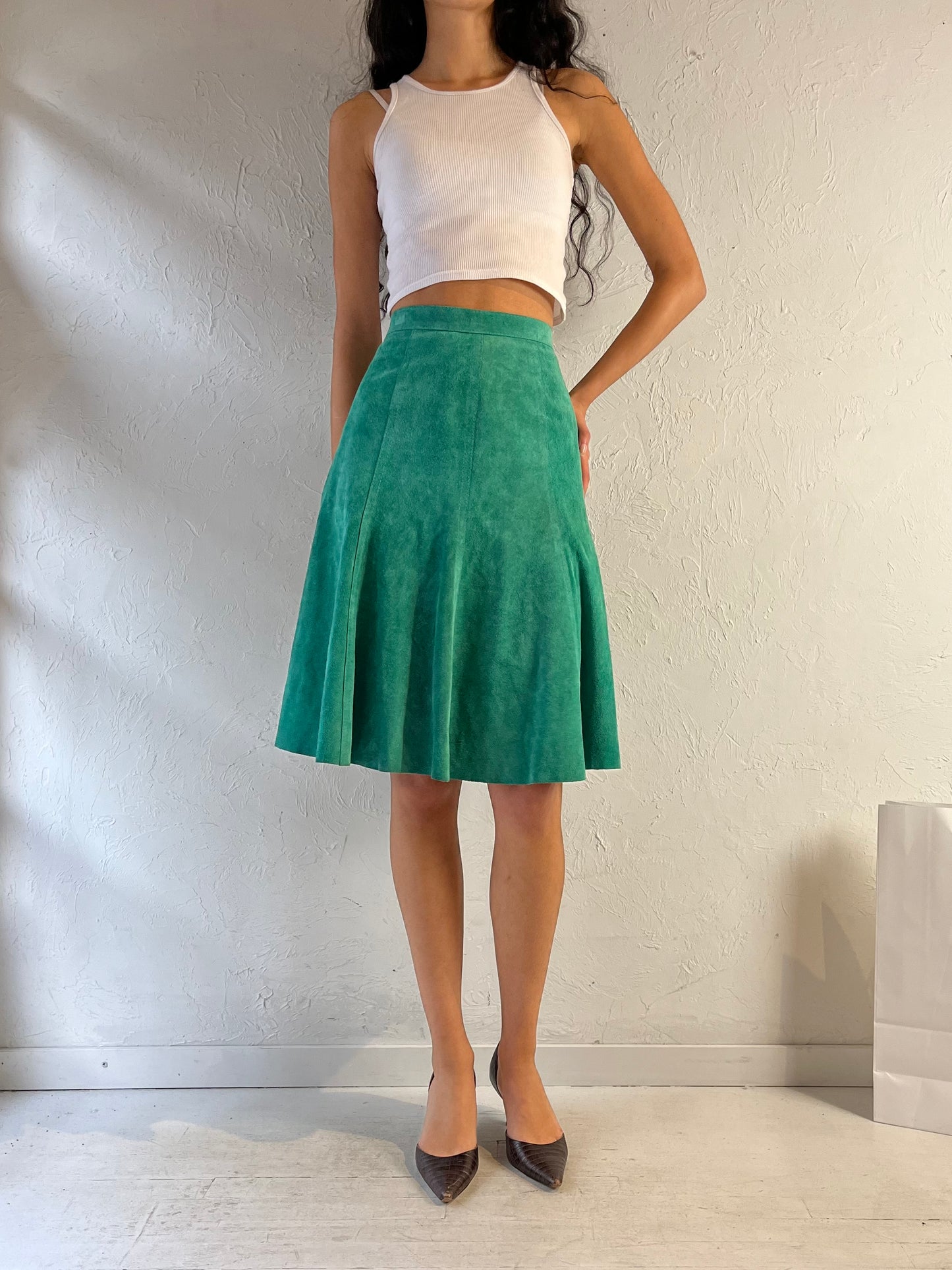 70s Green Suede Leather Midi Skirt / XS