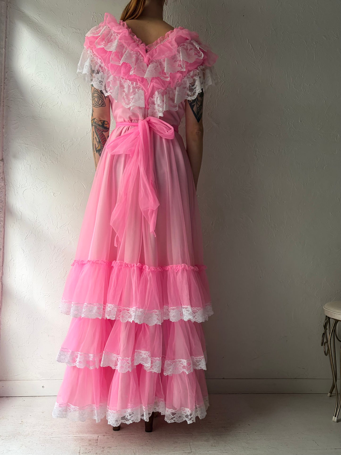 70s 'Petite Fashions' Pink Ruffle Formal Dress / Small