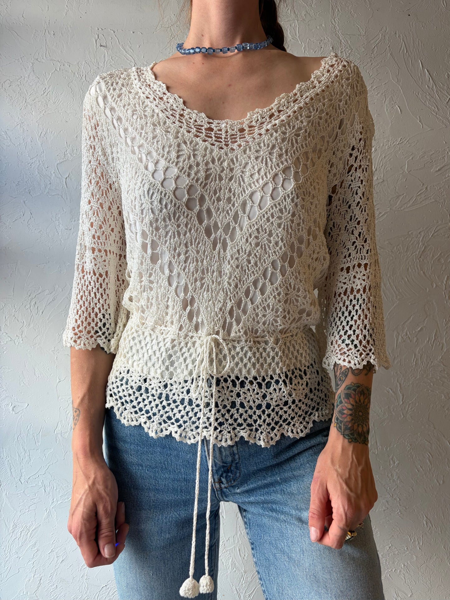 90s 'Kroshetta' Cream Crochet Top / Medium