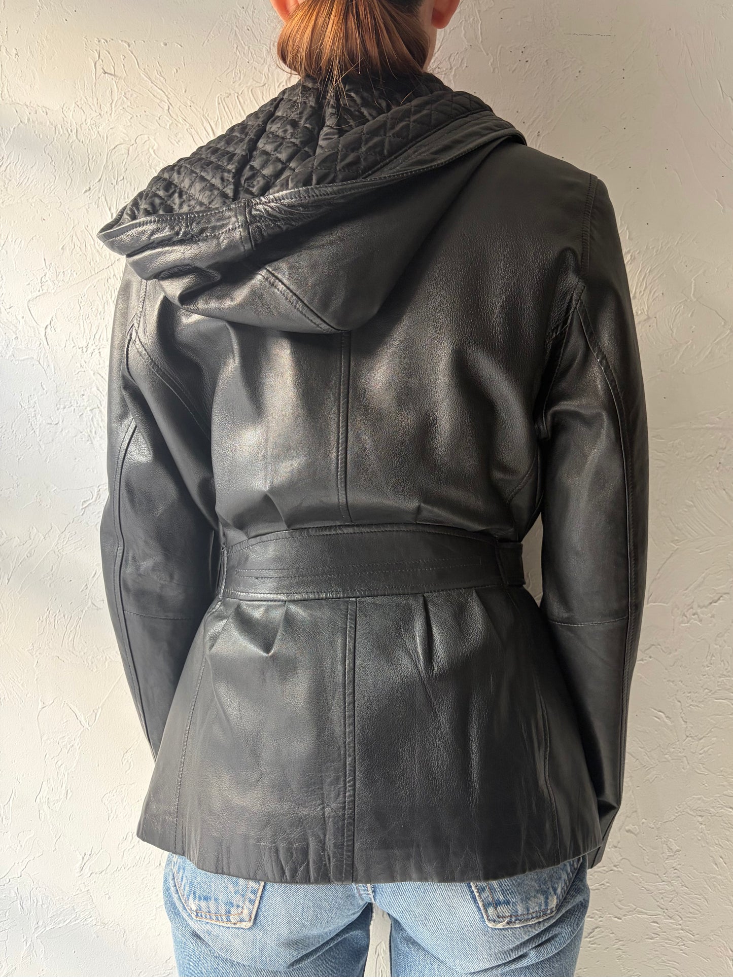 Y2k 'Maurices' Black Leather Hooded Minimalist Jacket / Vintage 2000s Zip Up Grunge Streetwear Outerwear / Medium