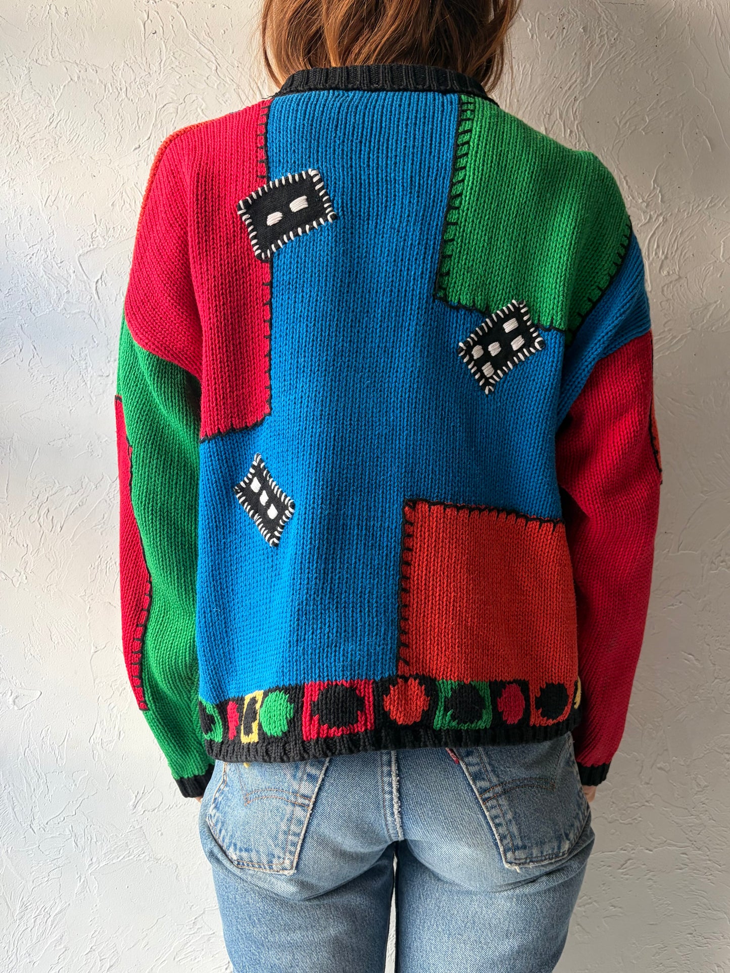 90s 'RIR' Color Block Cotton Sweater / Small