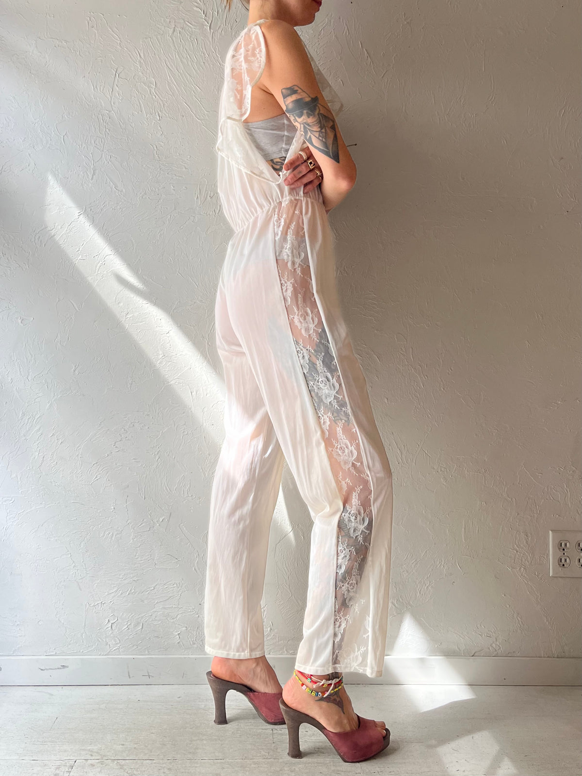 80s 'Belimage' White Nylon Lingerie Jumpsuit / Small