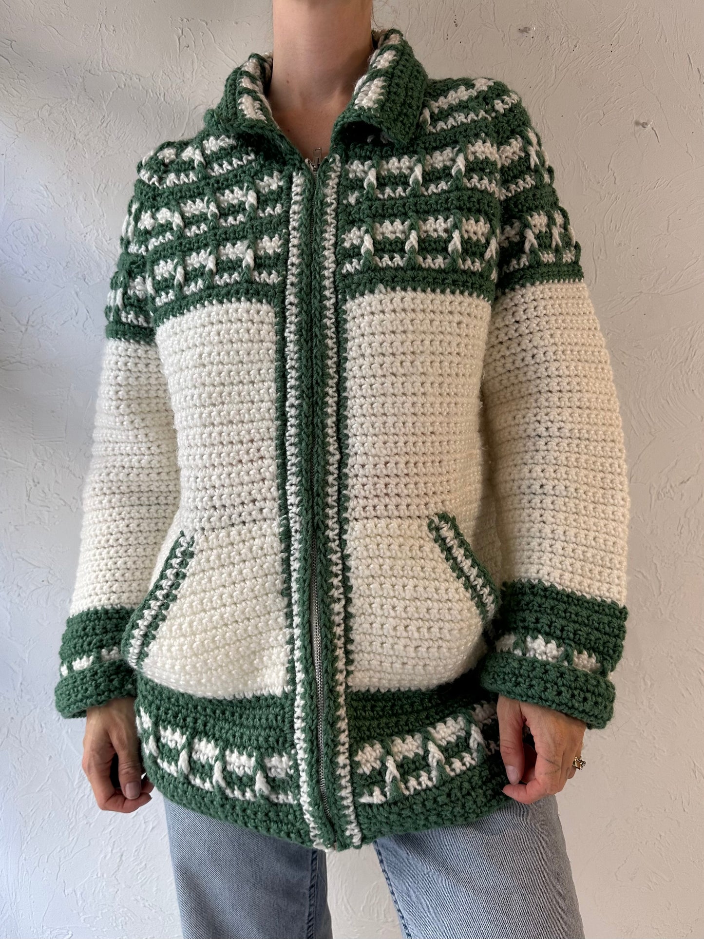 Vintage Hand Knit Green and White Acrylic Cardigan Sweater / Medium - Large