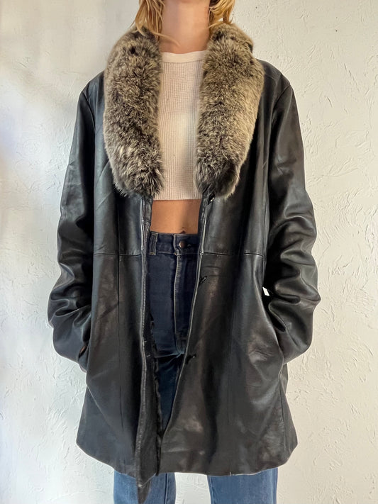Y2k 'Chadwicks' Black Leather Jacket w/ Fur Collar / XL