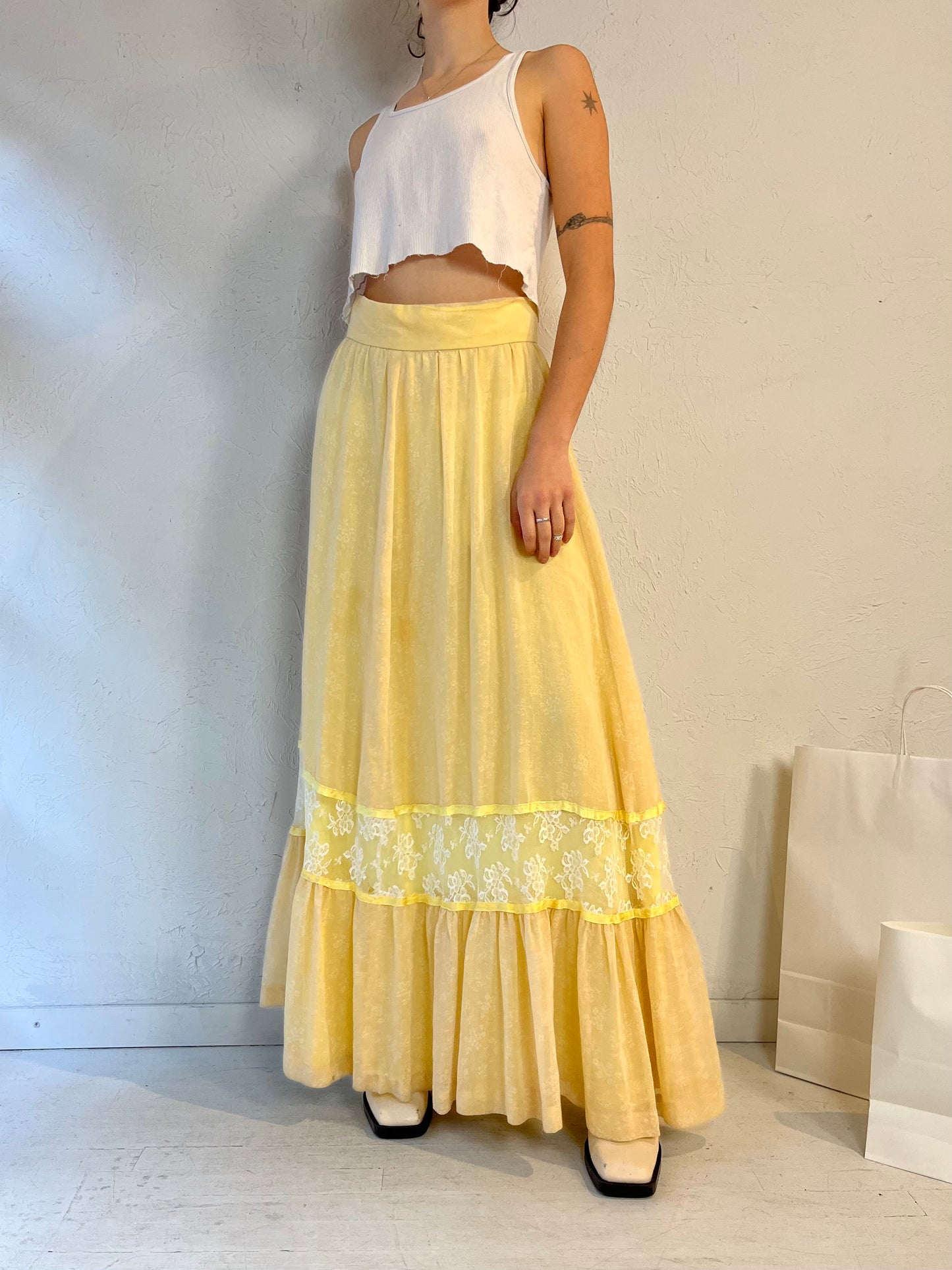 Vintage Handmade Pale Yellow Peasant Skirt / Medium