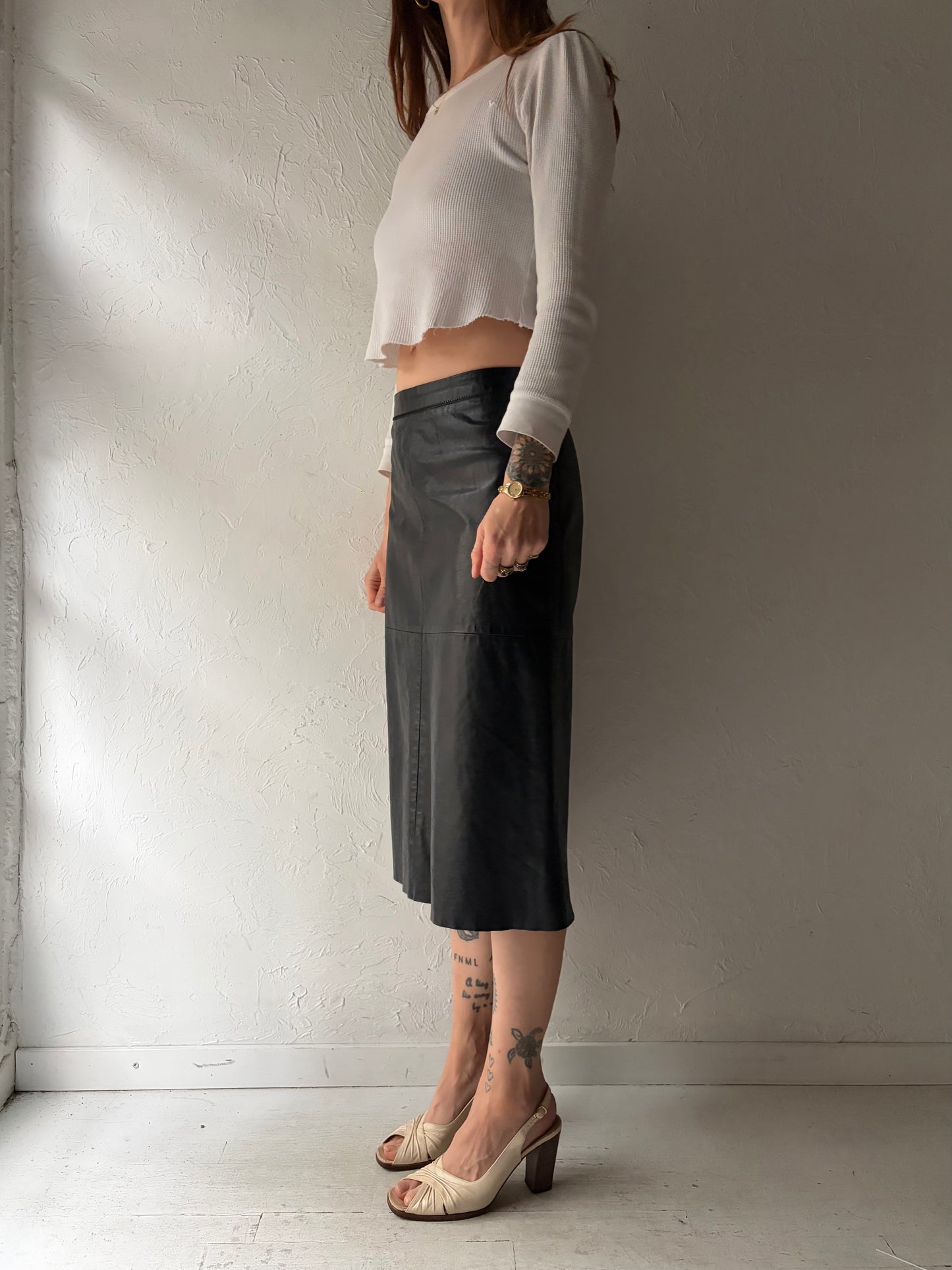 90s 'Gap' Black Leather Dark Academia Midi High Waisted Skirt / Small