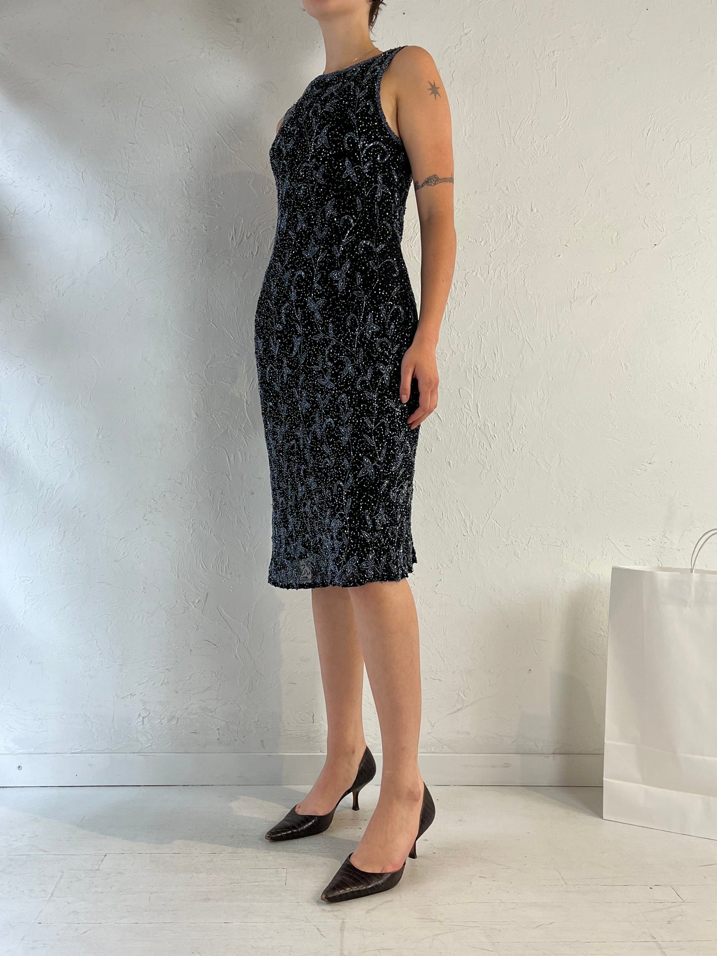 90s 'Stenay' Black Beaded Dress / Large