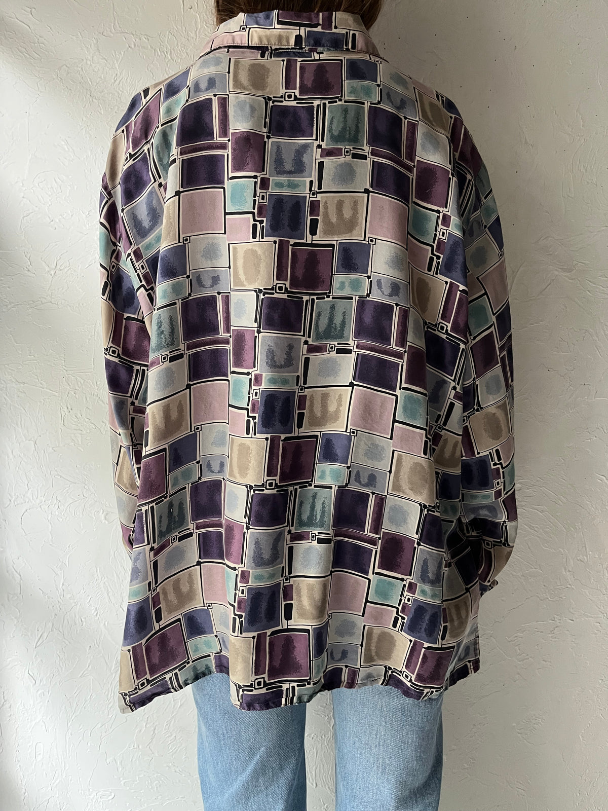90s 'Stunt Woman' Oversized Retro Patterned Silk Top / XL