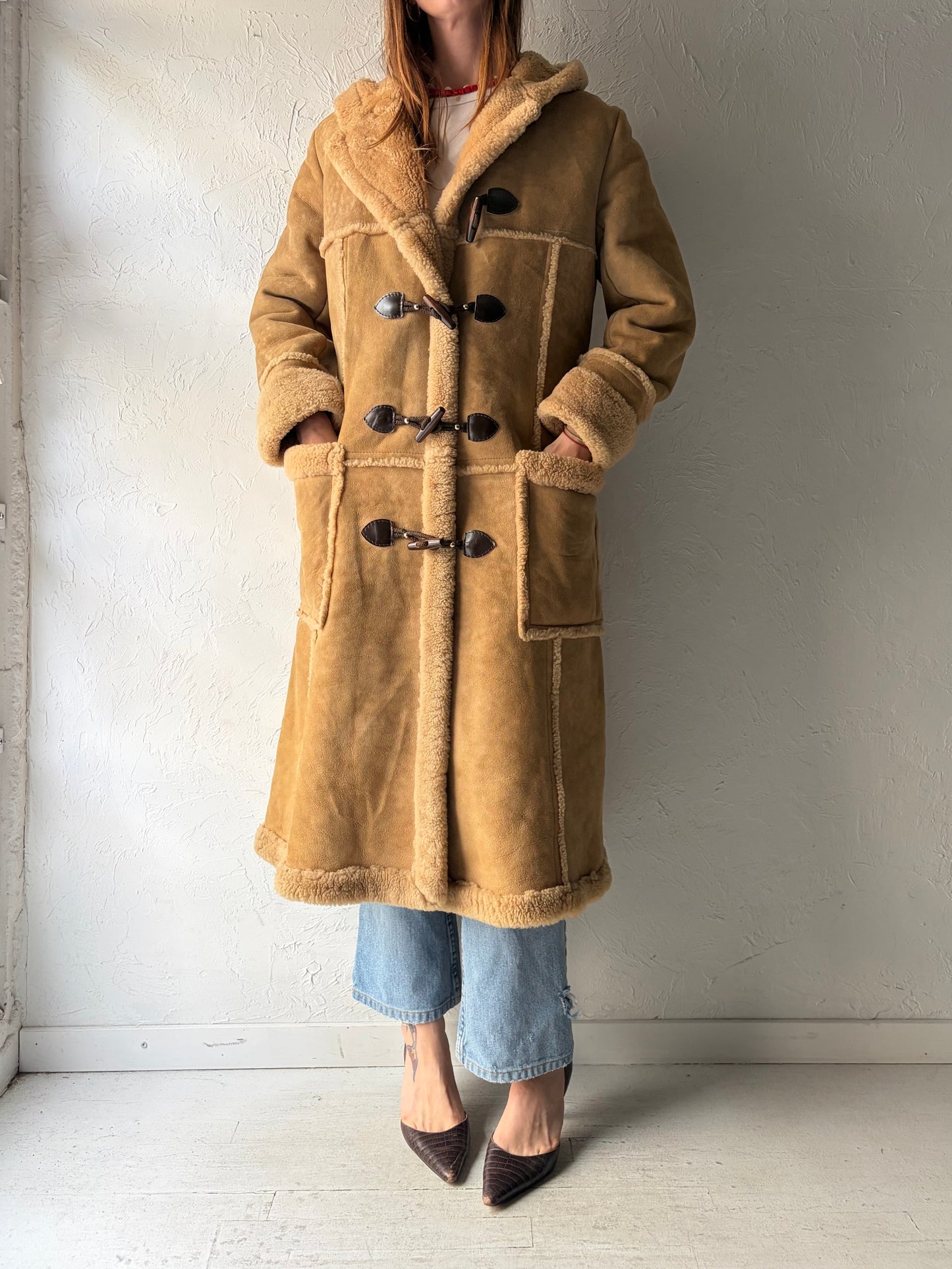 Vintage 'Pacific Fur' Suede Leather Hooded Winter Coat / Small