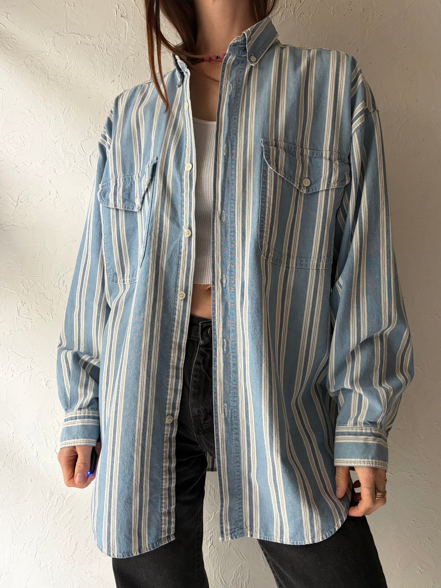 Y2k 'Anchor Blue' Striped Denim Western Cowboy Work Wear Shirt / Large