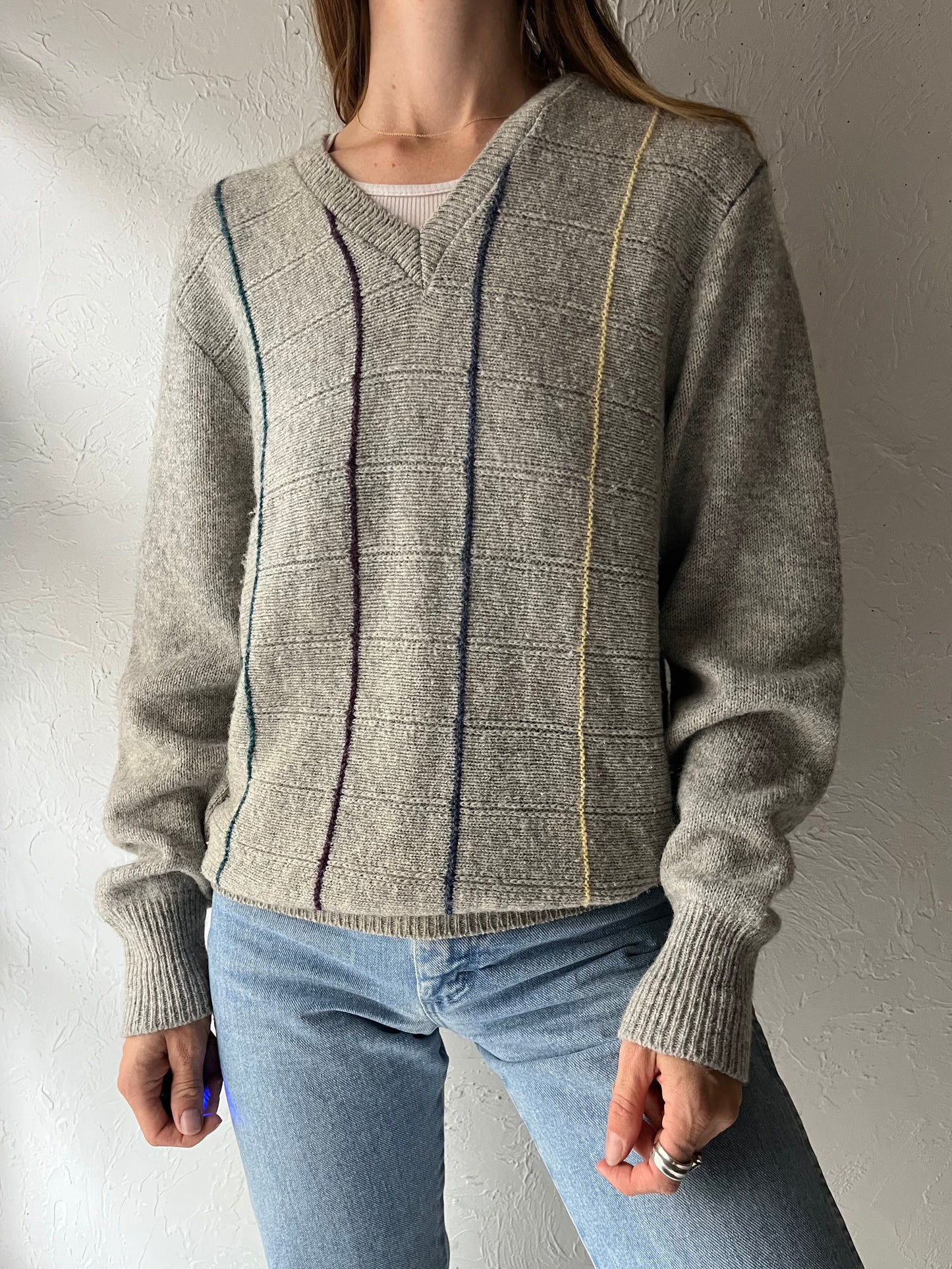 90s 'Jantzen' Gray V Neck Grandpa Sweater / Medium