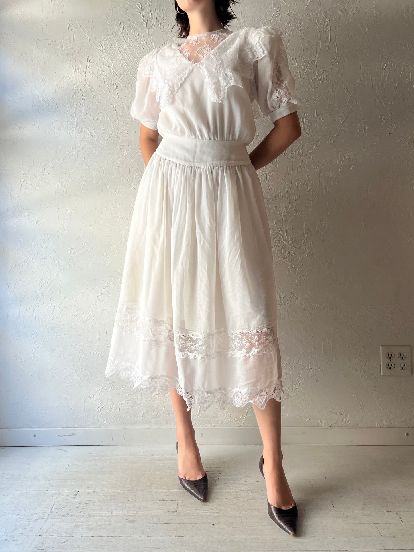 80s 'Jessica McClintock' White Romanic Prairie Cottage Core Summer Garden Party Dress / Small
