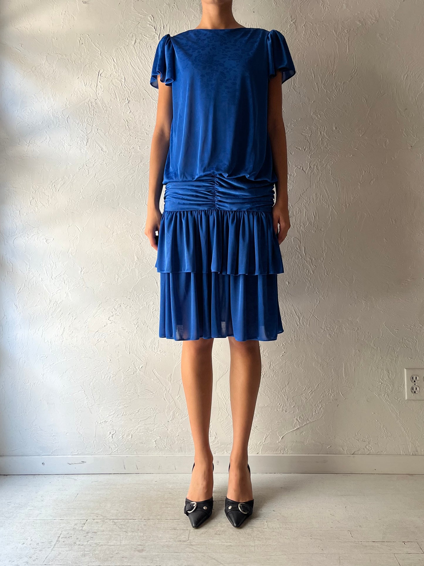 80s 'Mandy Designs' Blue Floral Retro Normcore Midi Party Dress / Medium
