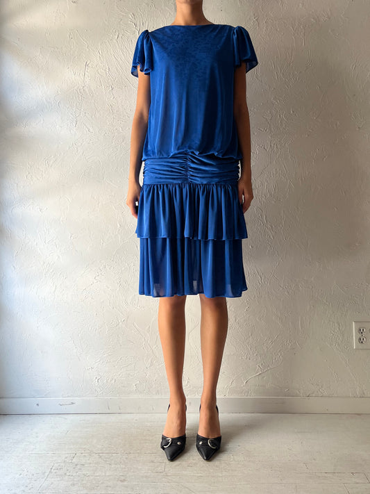80s 'Mandy Designs' Blue Floral Retro Normcore Midi Party Dress / Medium