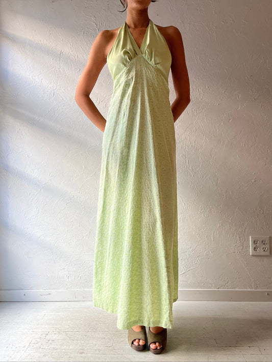 Vintage Handmade Green Floral Boho Cottagecore Maxi Halter Dress Romantic 70s Style Gown / Small