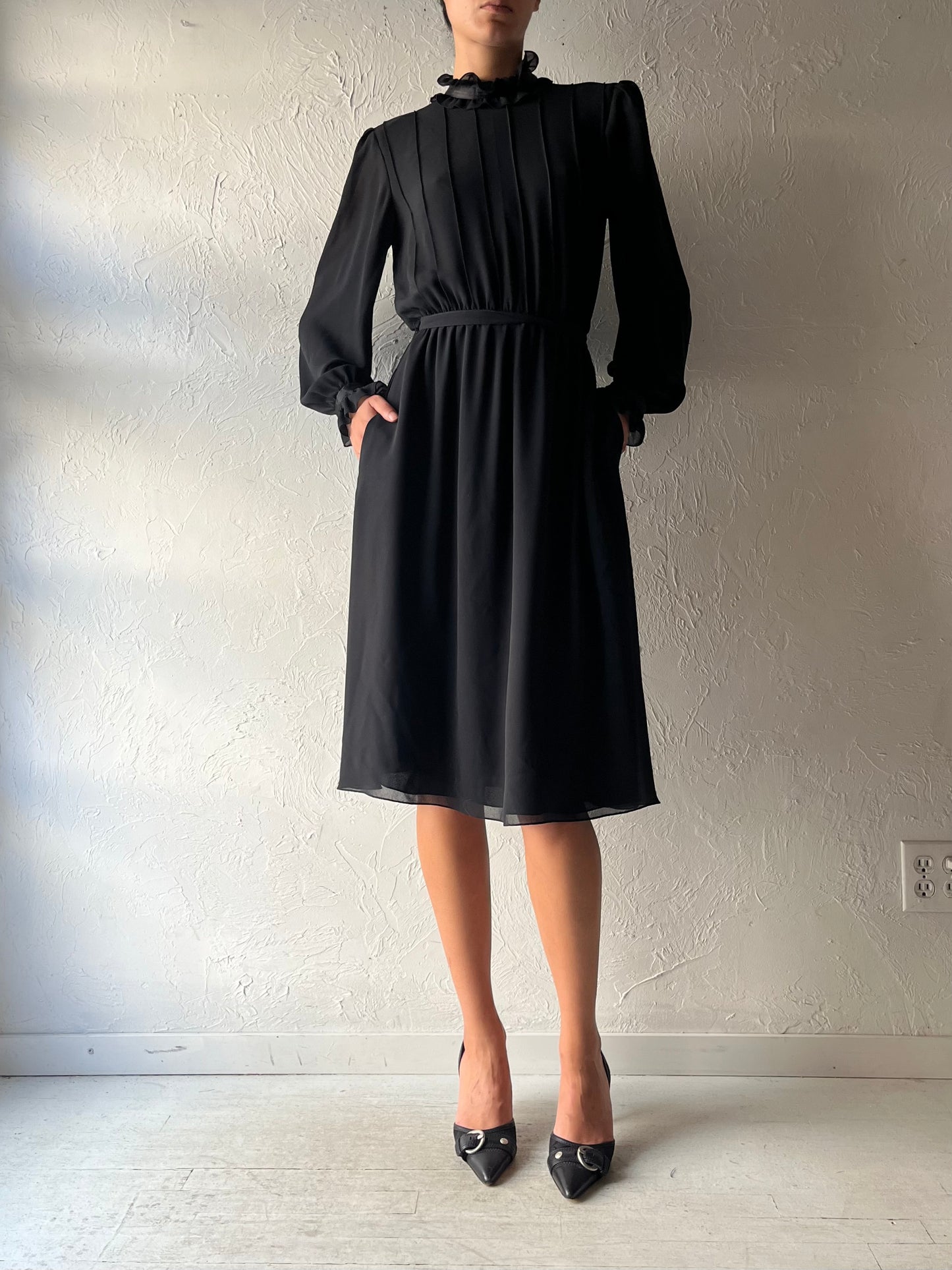 80s 'Coroma' Black Long Sleeve Midi Dress / Medium