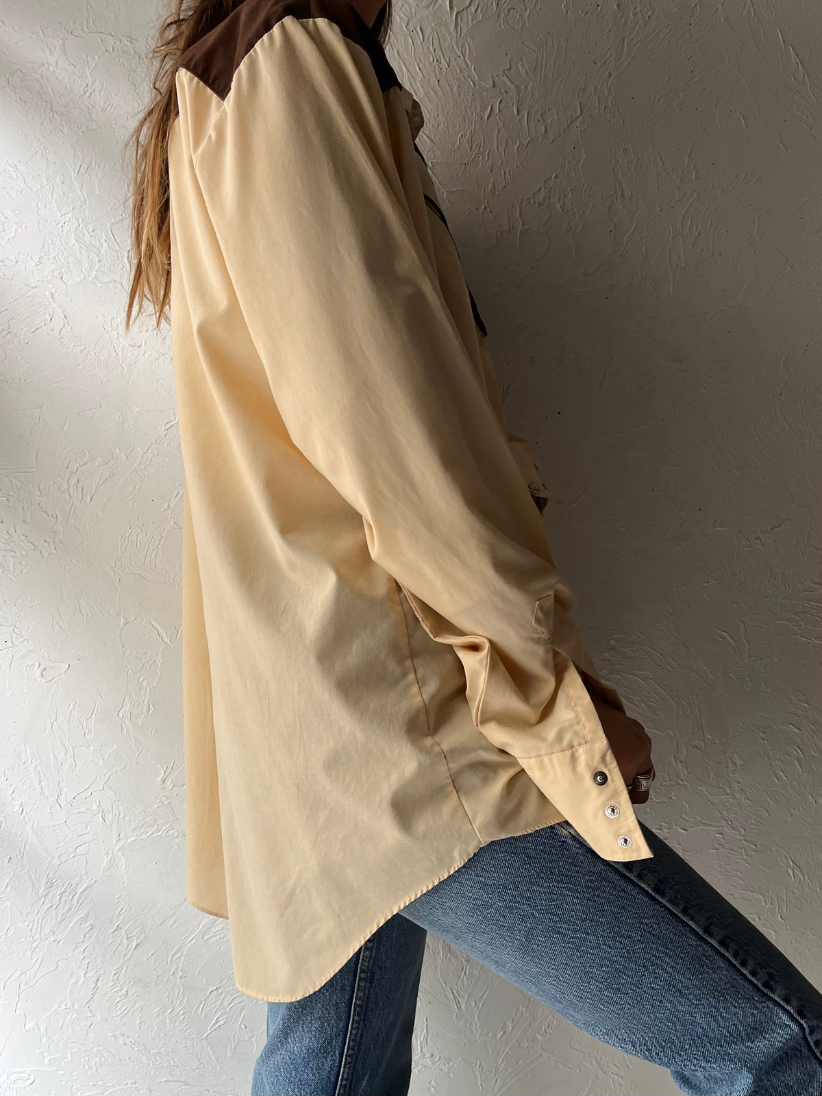 70s 'Barb' Tan Embroidered Western Cowboy Pearl Snap Up Shirt / XL