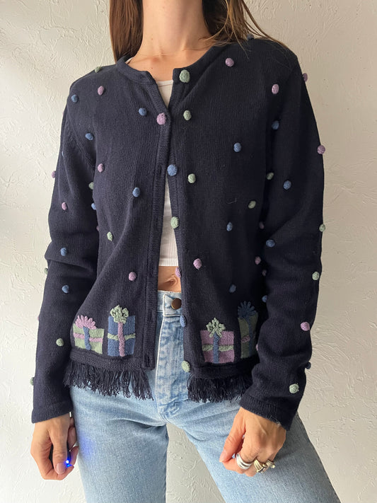 Y2k 'Christopher & Banks' Navy Gift Box Embroidered Whimsical Grannycore Christmas Cardigan Sweater / Medium