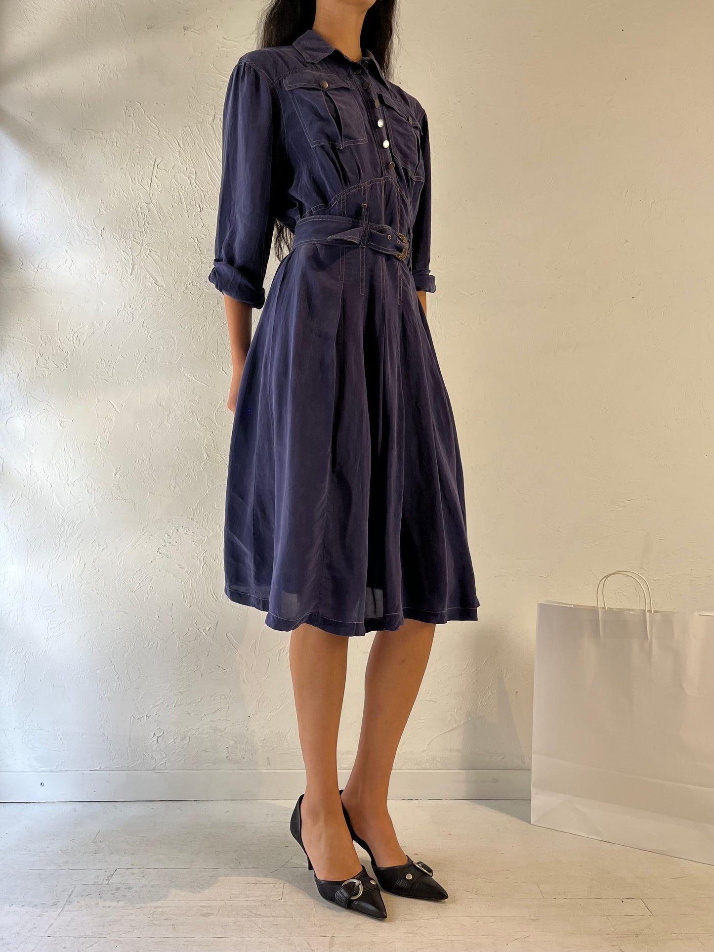 80s 'Karen Alexander' Navy Blue Silk Dress / Small