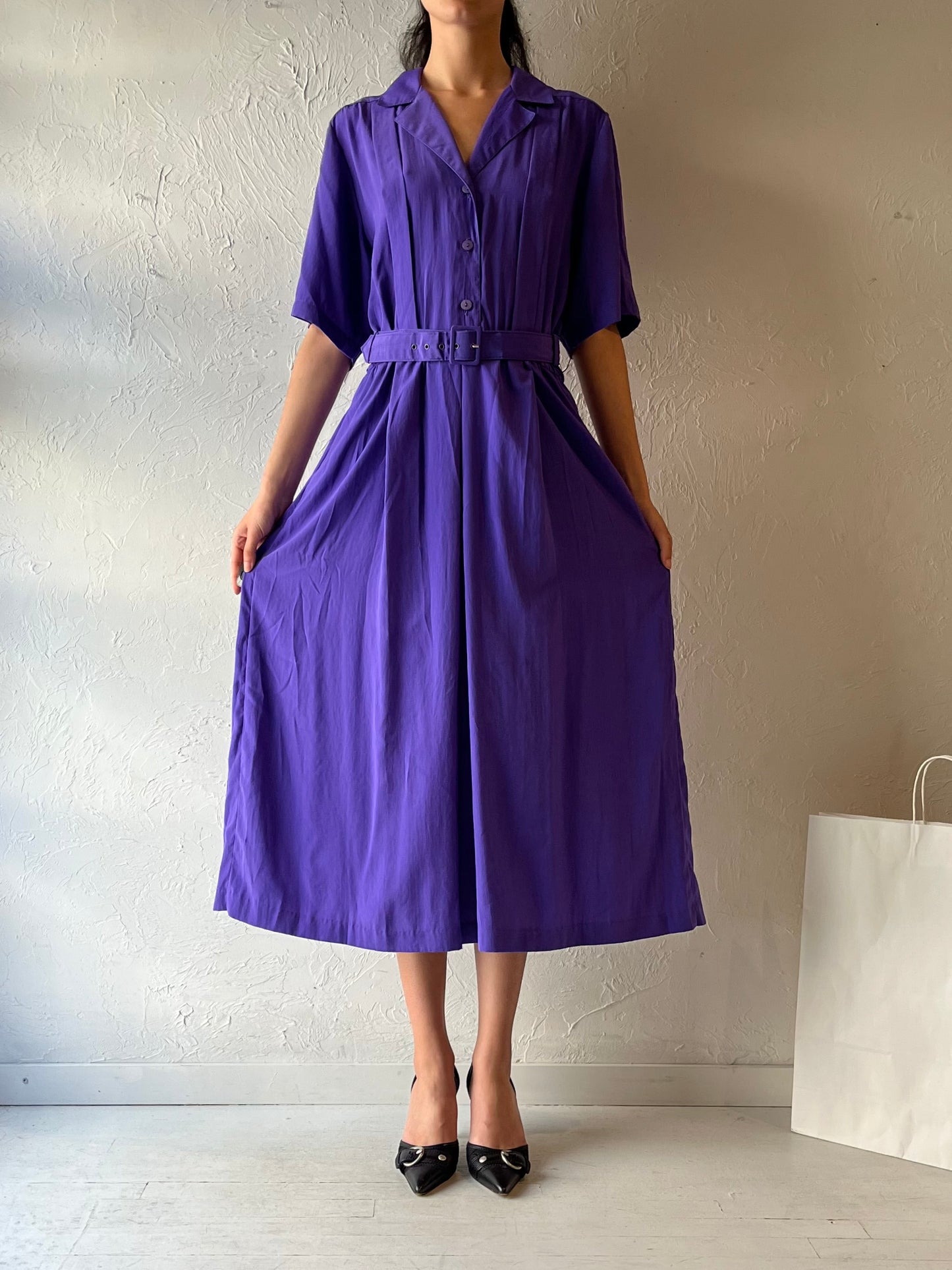 90s ‘Cimone’ Purple Collared Midi Dress / Medium