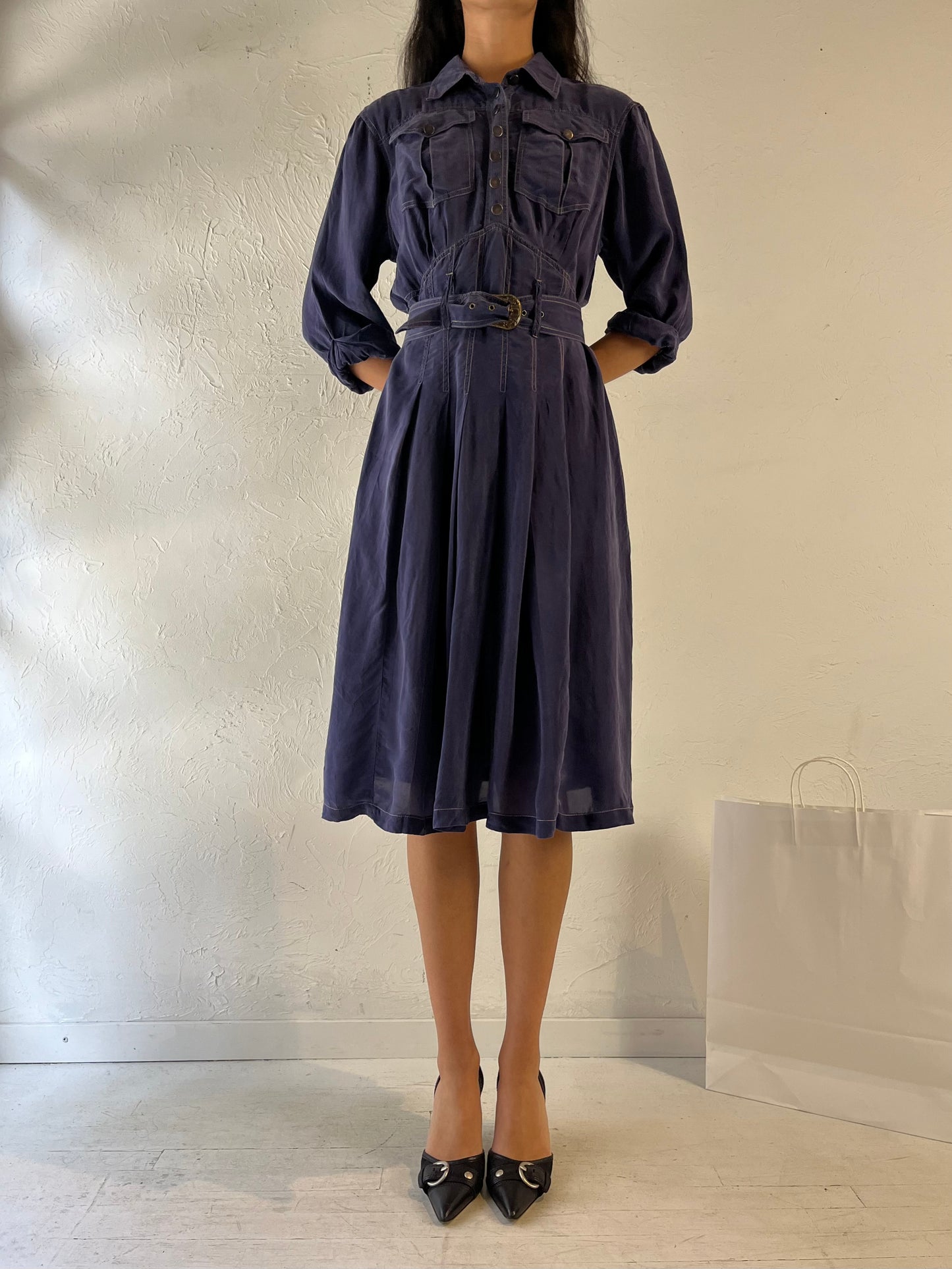 80s 'Karen Alexander' Navy Blue Silk Dress / Small